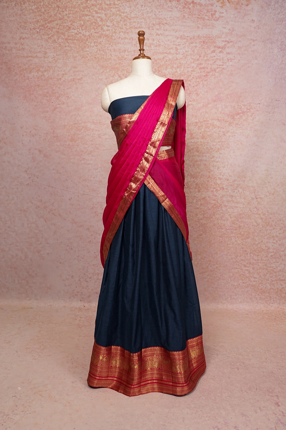 Blue With Pink Semi Chanderi Dhavani Set