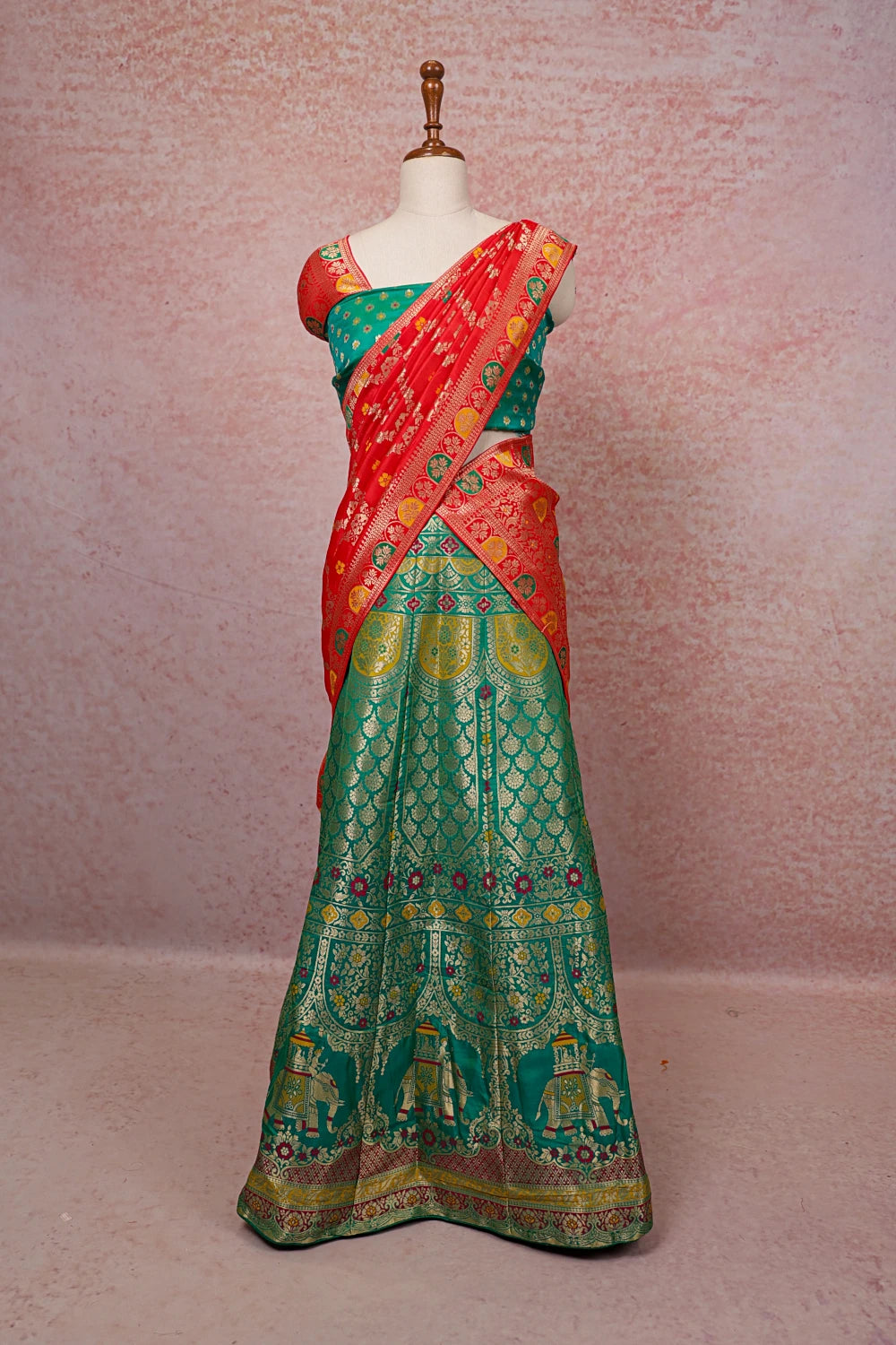 Green Color Semi Banarasi Dhavani Set