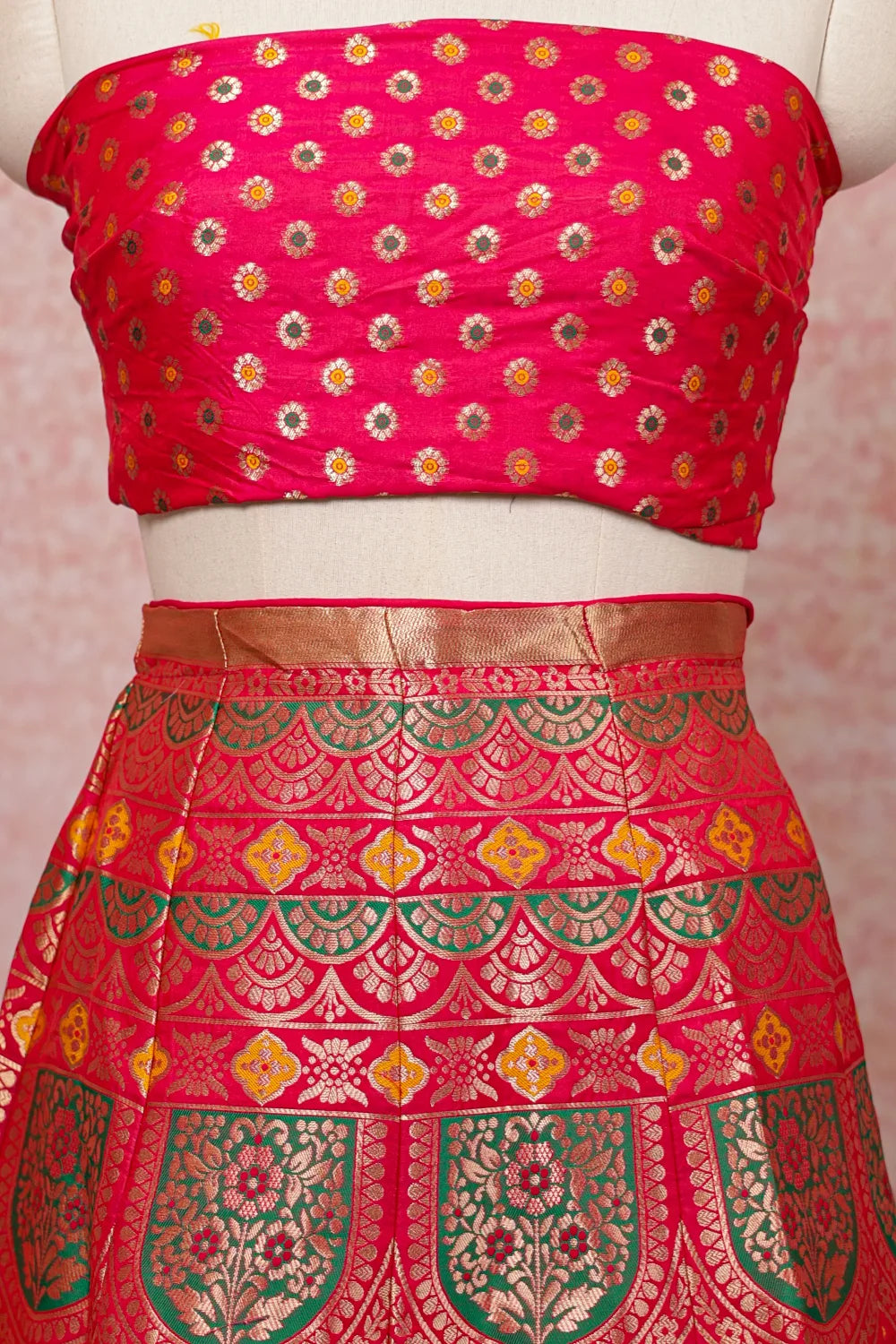 Rani Pink And Mango Yellow Semi Banarasi Dhavani Set