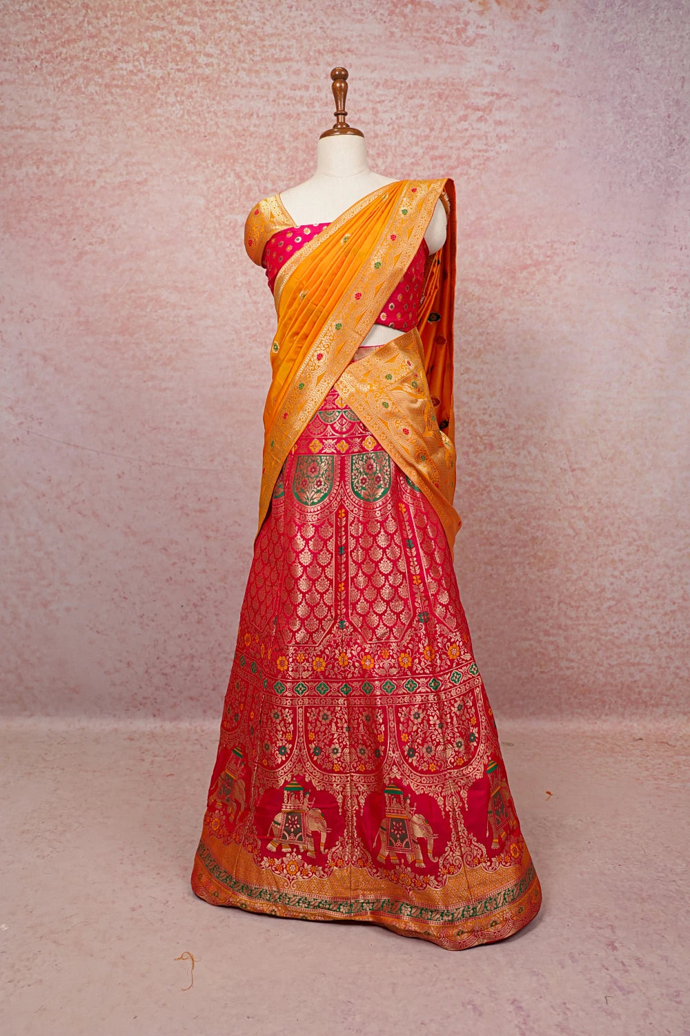 Rani Pink And Mango Yellow Semi Banarasi Dhavani Set
