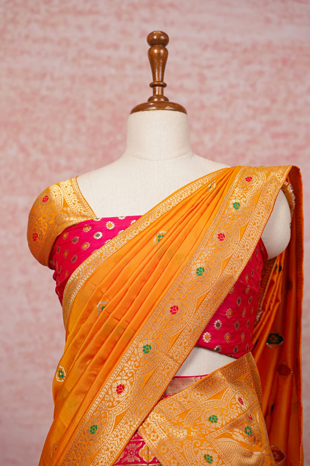 Rani Pink And Mango Yellow Semi Banarasi Dhavani Set
