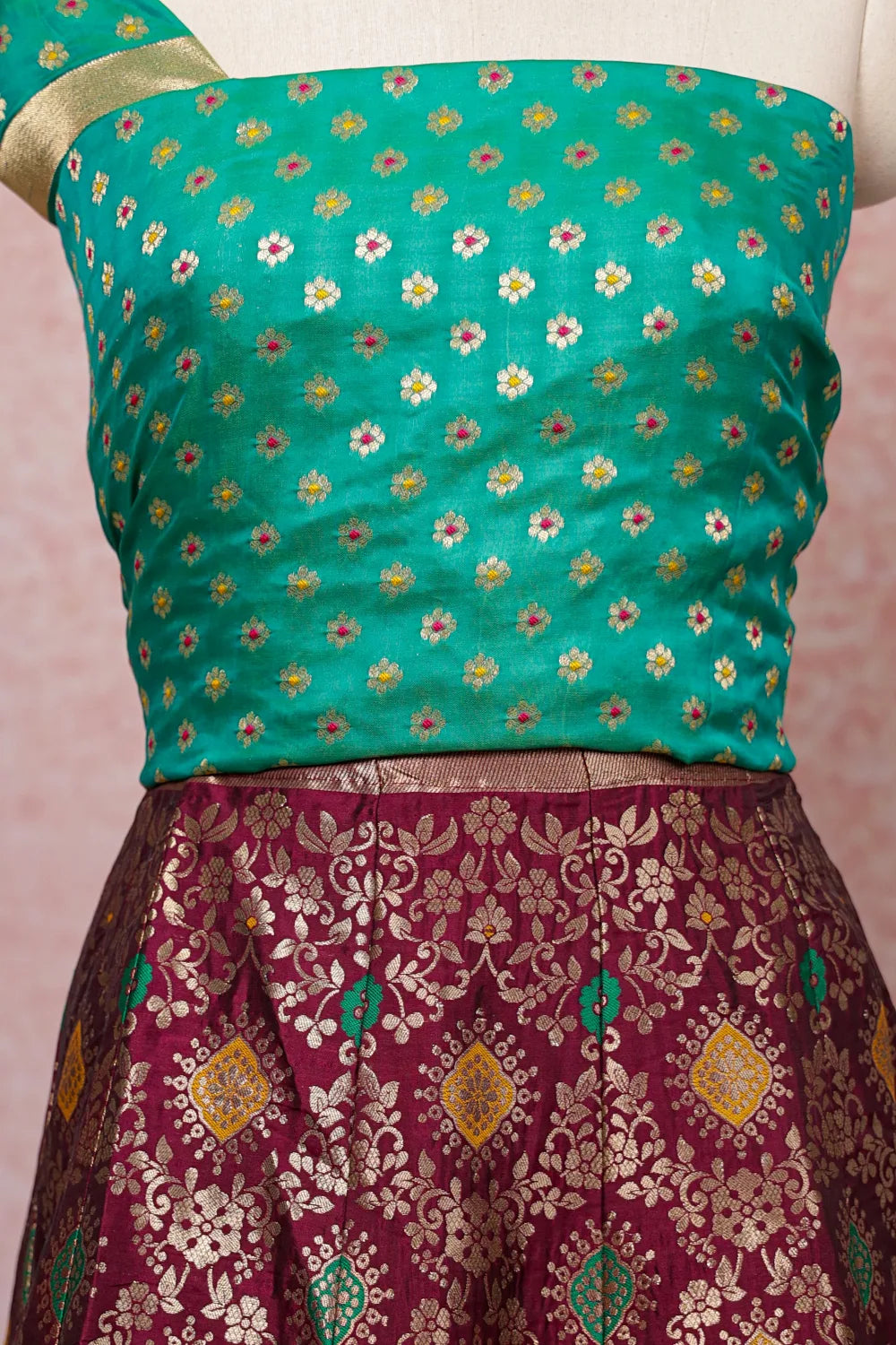 Green And Wine Color Semi Banarasi Dhavani Set