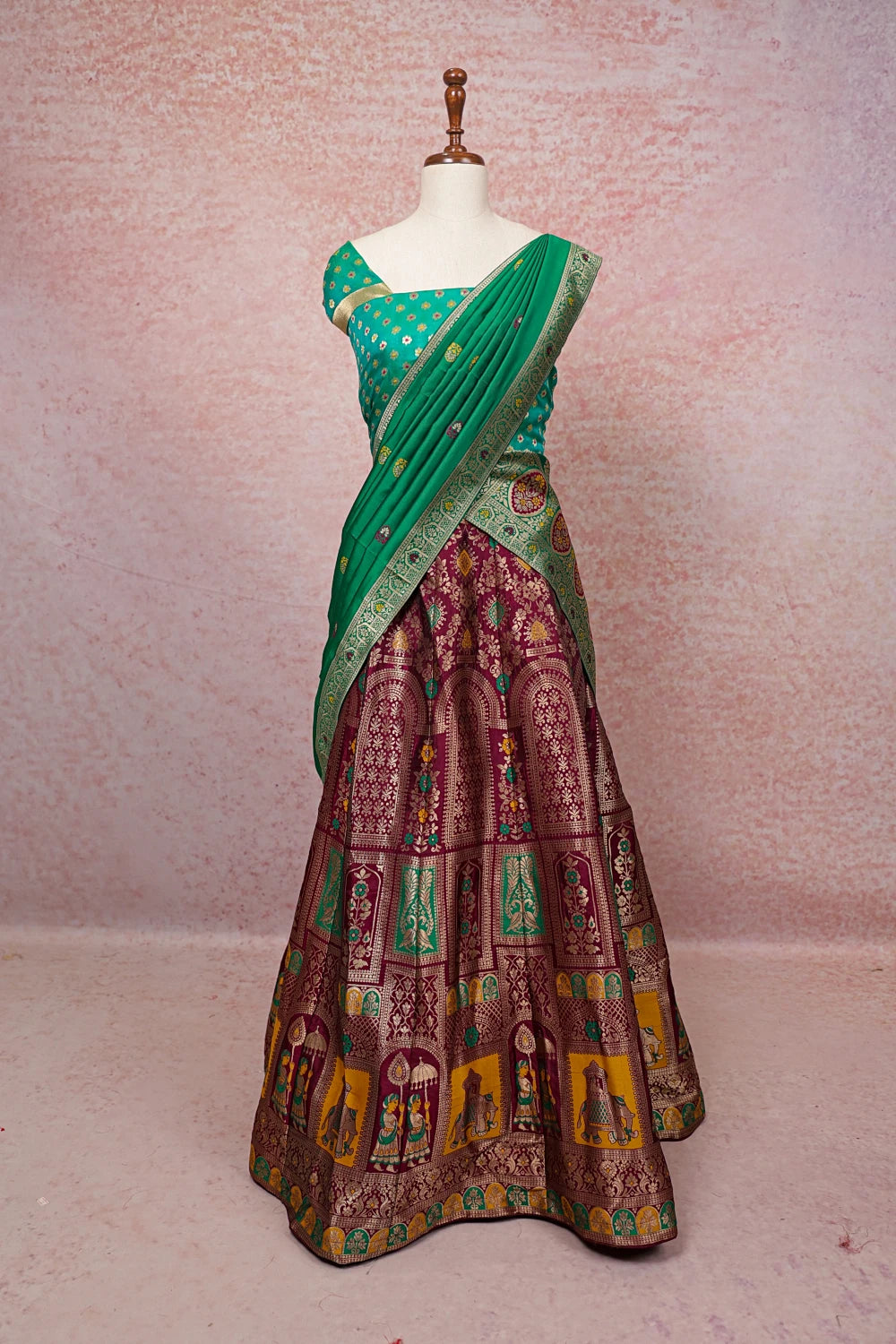 Green And Wine Color Semi Banarasi Dhavani Set