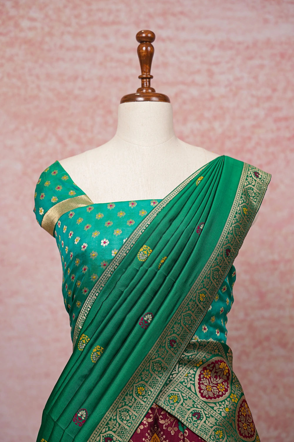Green And Wine Color Semi Banarasi Dhavani Set