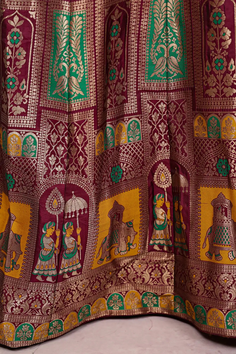 Green And Wine Color Semi Banarasi Dhavani Set