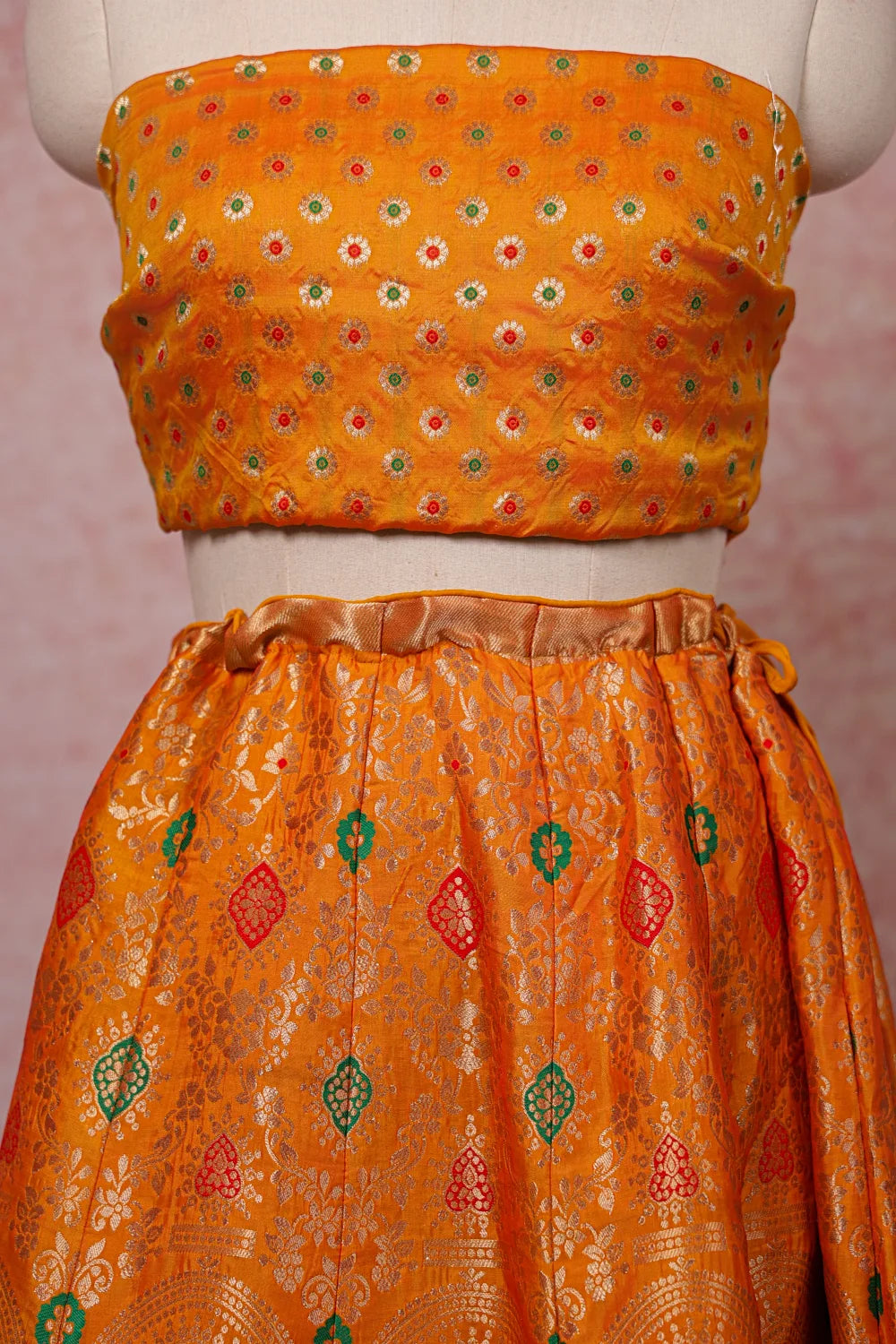 Orange Semi Banarasi Dhavani Set