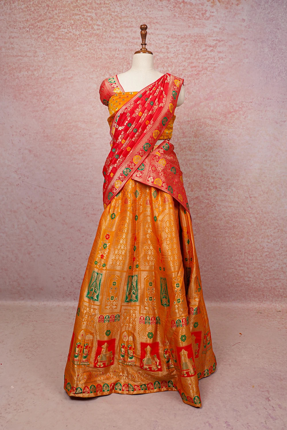 Orange Semi Banarasi Dhavani Set