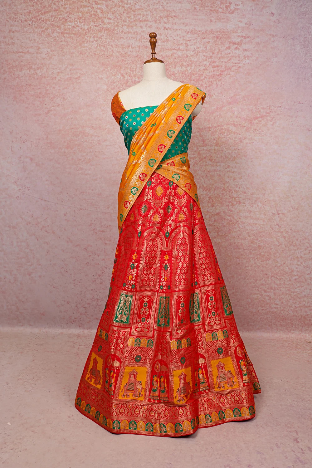 Reddish Orange And Green Semi Banarasi Dhavani Set