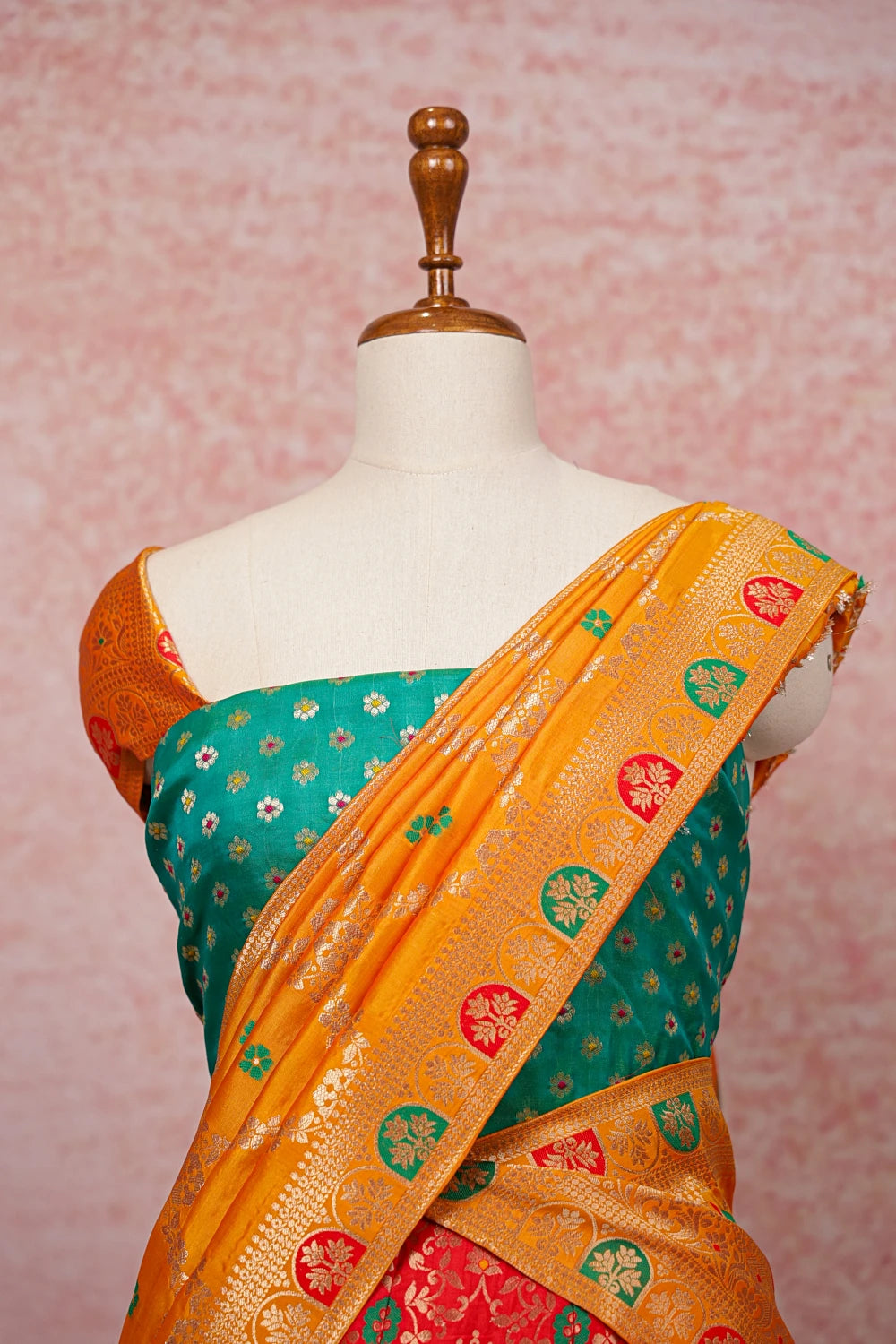 Reddish Orange And Green Semi Banarasi Dhavani Set