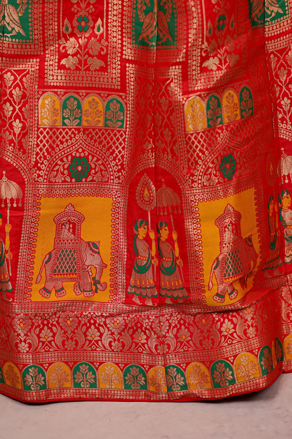 Reddish Orange And Green Semi Banarasi Dhavani Set
