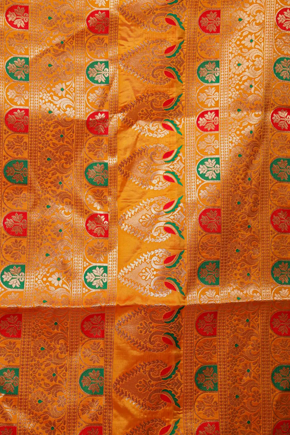 Reddish Orange And Green Semi Banarasi Dhavani Set