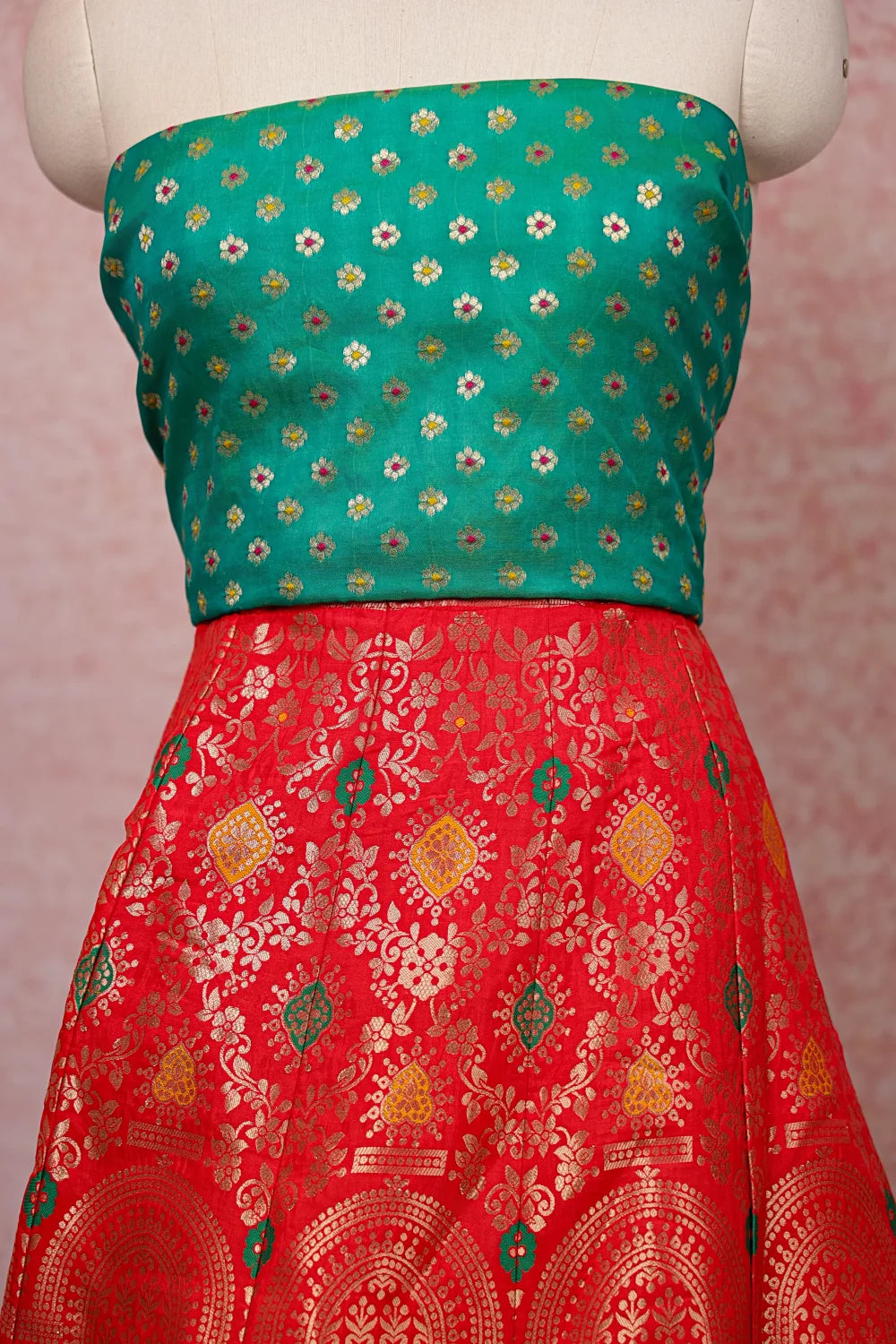 Reddish Orange And Green Semi Banarasi Dhavani Set
