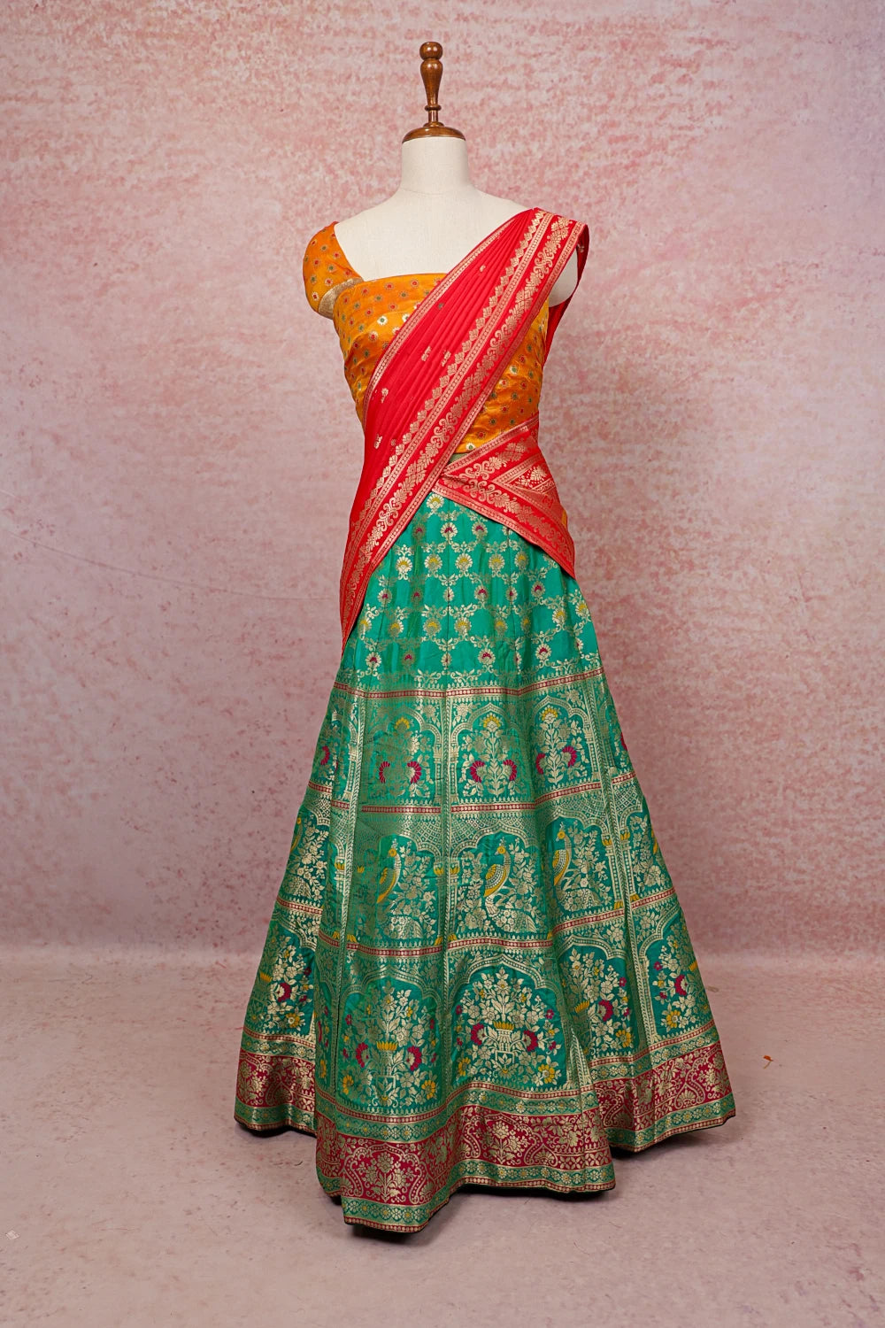 Sapphire Green And Yellow Semi Banarasi Dhavani Set