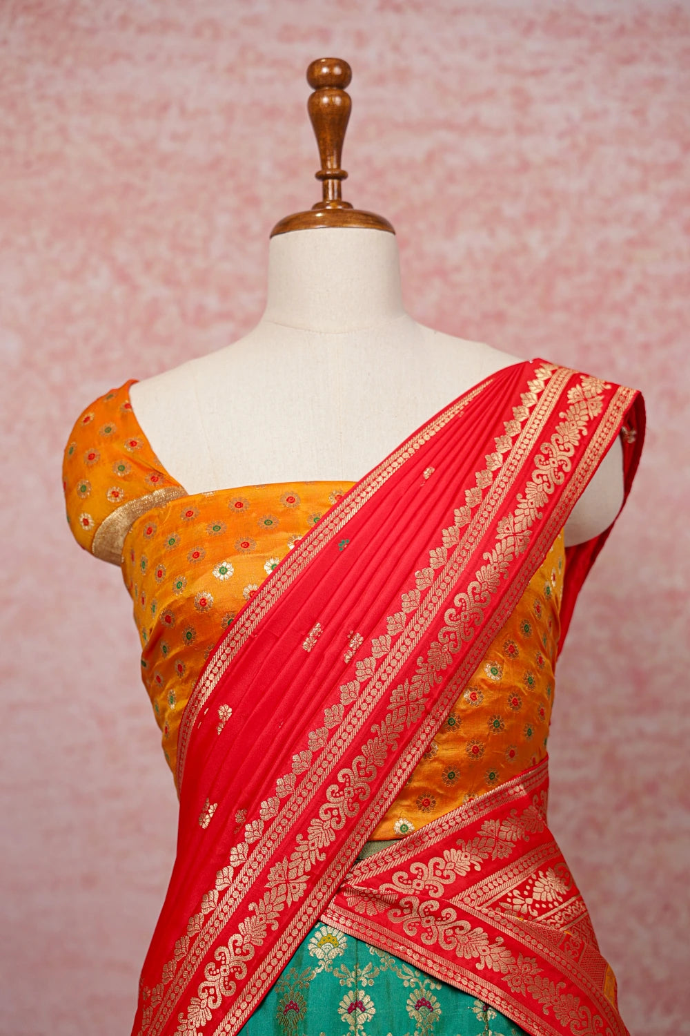 Sapphire Green And Yellow Semi Banarasi Dhavani Set