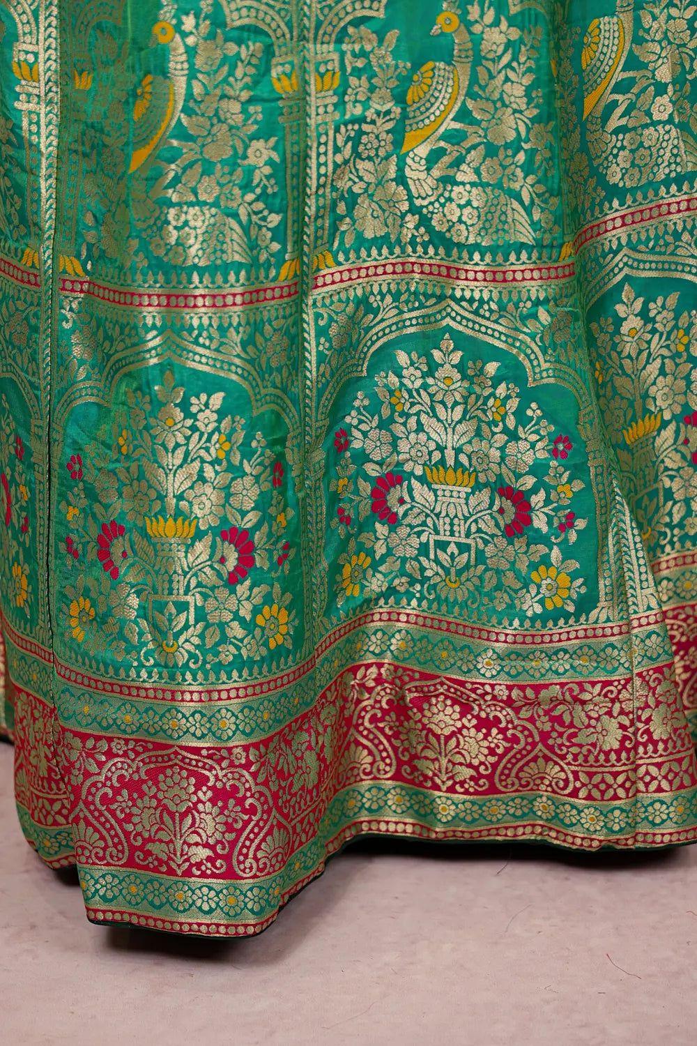 Sapphire Green And Yellow Semi Banarasi Dhavani Set