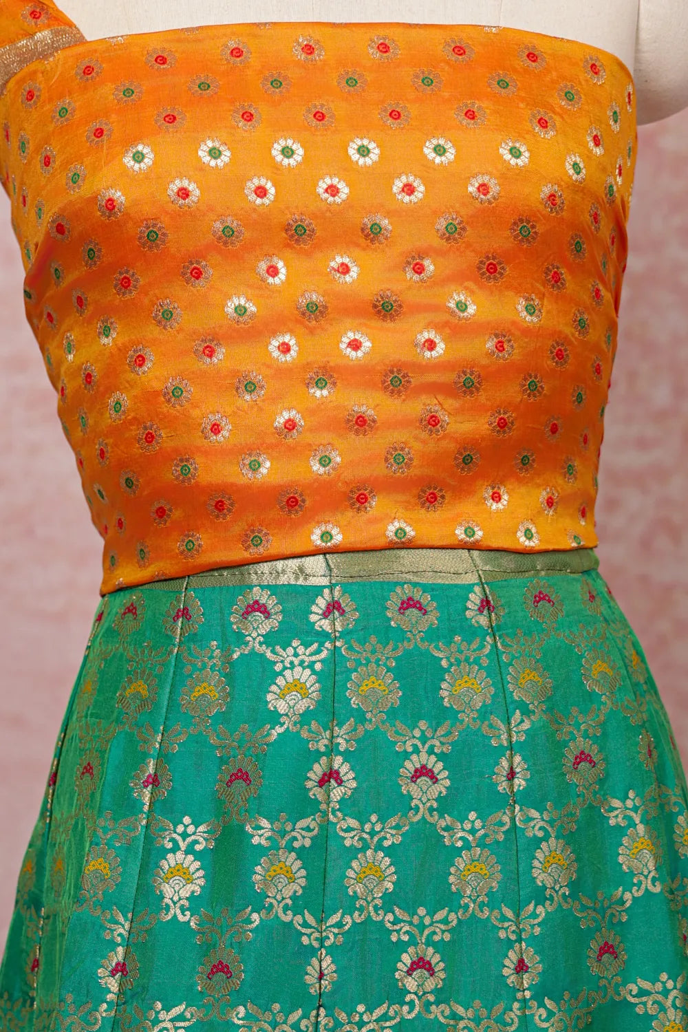 Sapphire Green And Yellow Semi Banarasi Dhavani Set