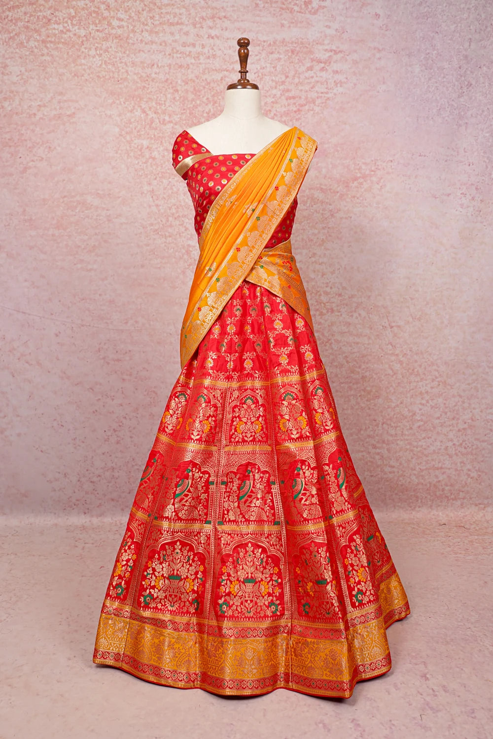 Dark Orange And Yellow Semi Banarasi Dhavani Set
