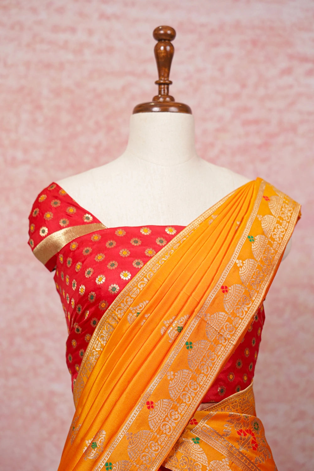 Dark Orange And Yellow Semi Banarasi Dhavani Set