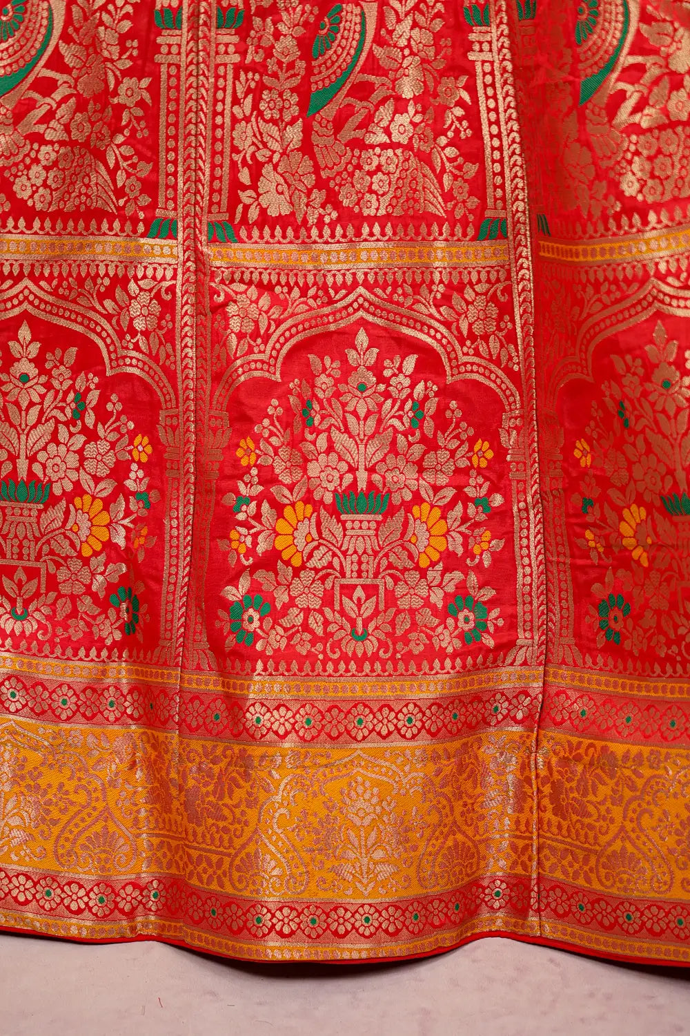 Dark Orange And Yellow Semi Banarasi Dhavani Set