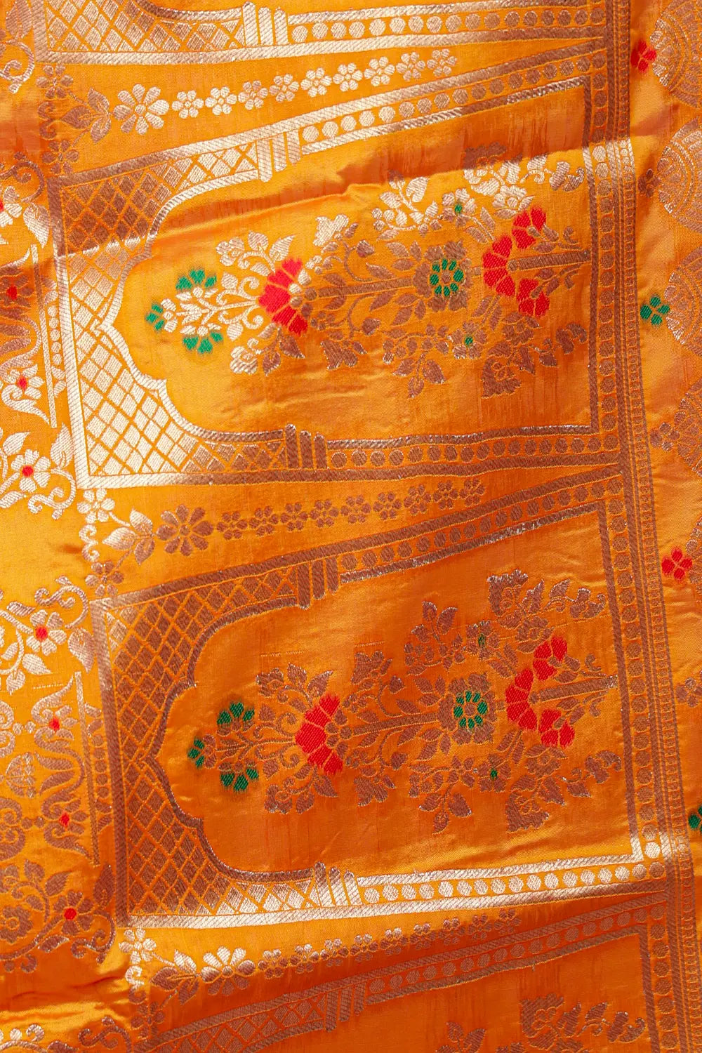 Dark Orange And Yellow Semi Banarasi Dhavani Set
