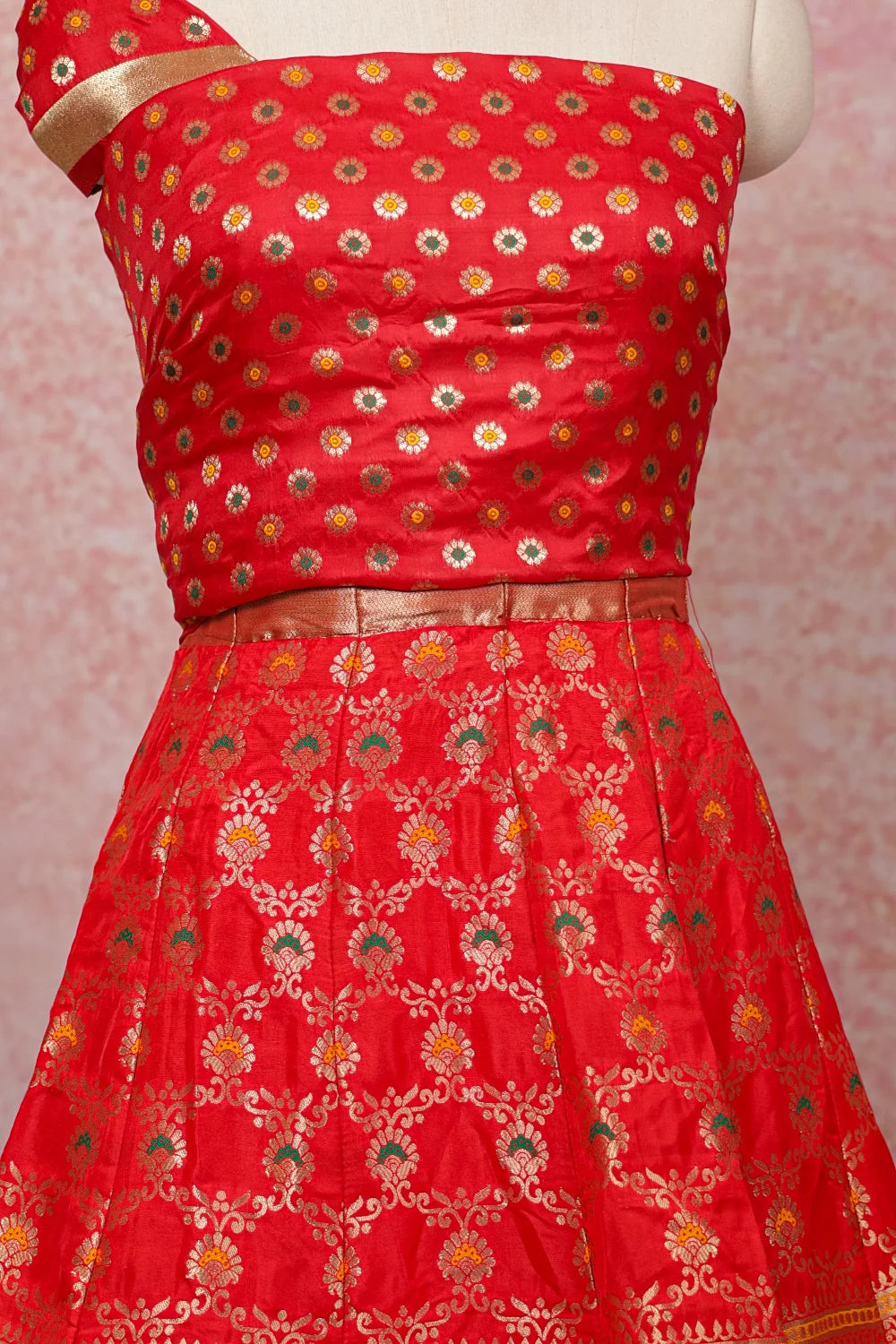 Dark Orange And Yellow Semi Banarasi Dhavani Set