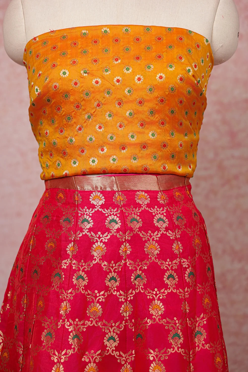 Rani Pink And Yellow Semi Banarasi Dhavani Set