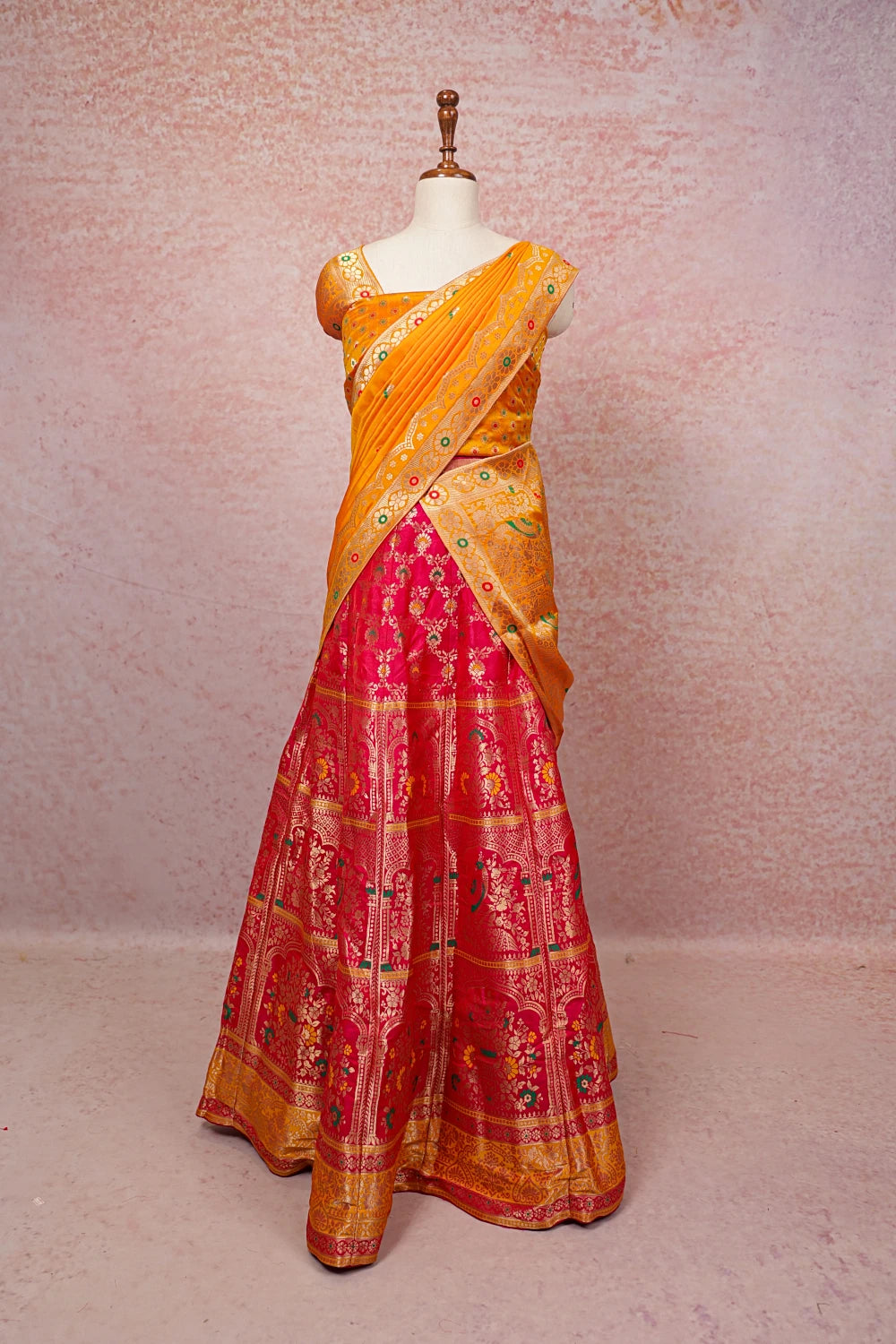 Rani Pink And Yellow Semi Banarasi Dhavani Set
