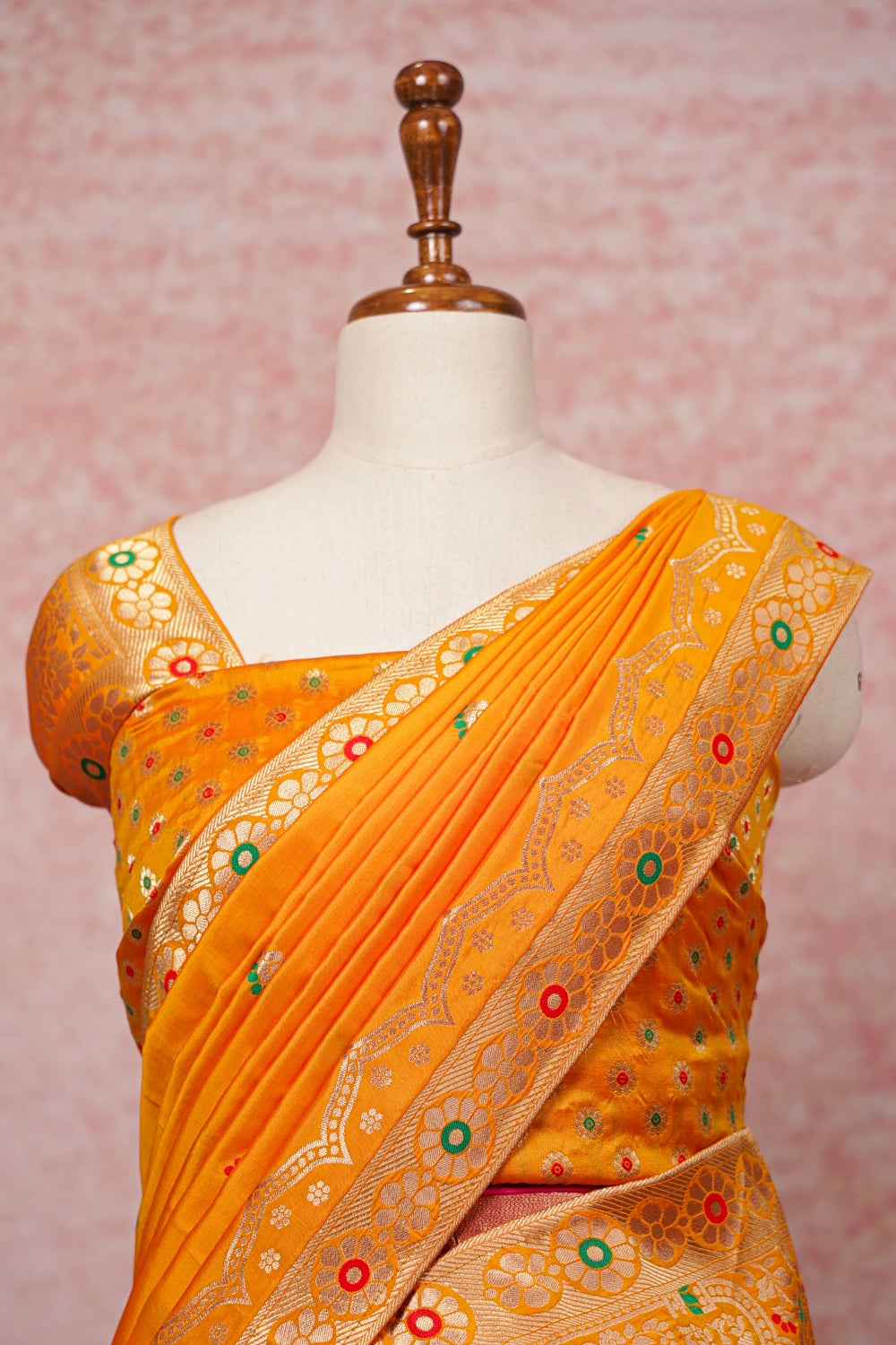 Rani Pink And Yellow Semi Banarasi Dhavani Set