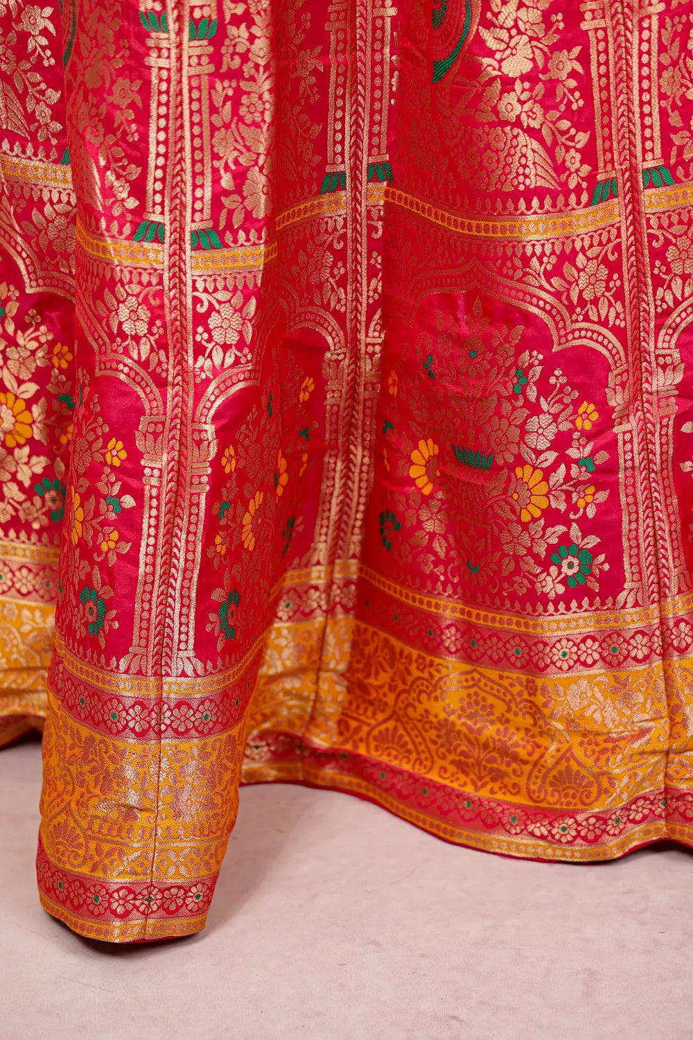 Rani Pink And Yellow Semi Banarasi Dhavani Set