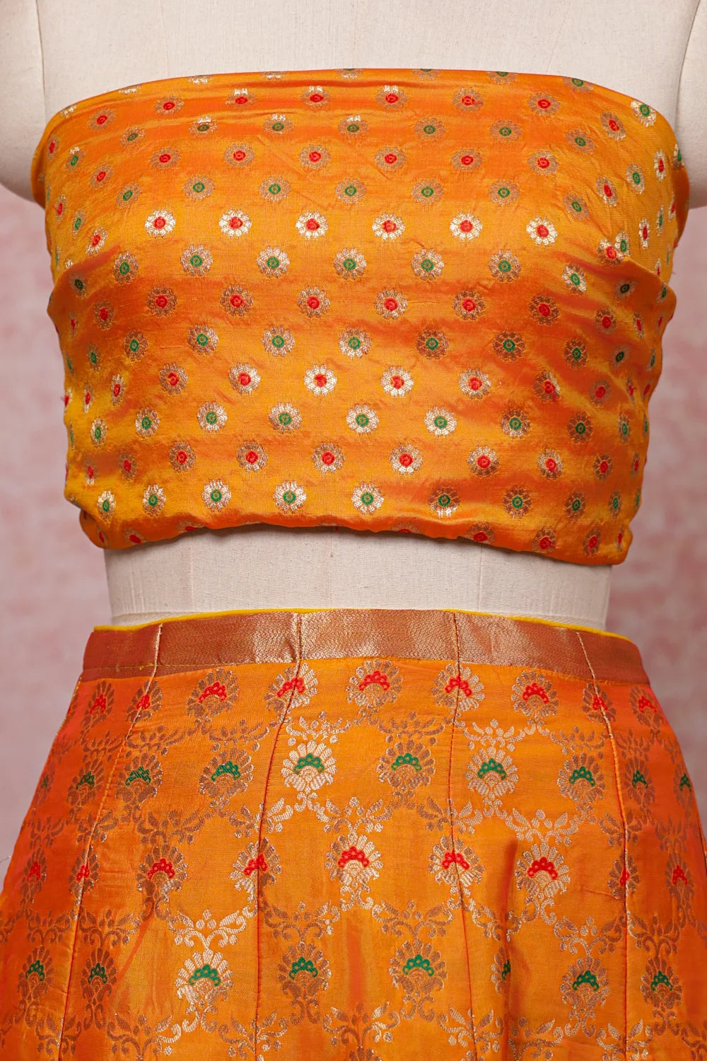 Orange Semi Banarasi Dhavani Set