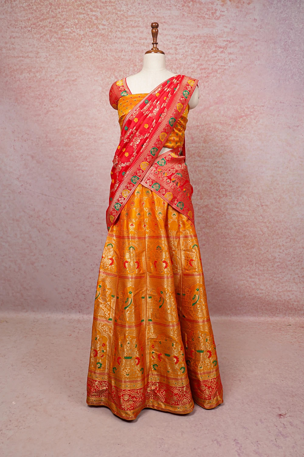 Orange Semi Banarasi Dhavani Set