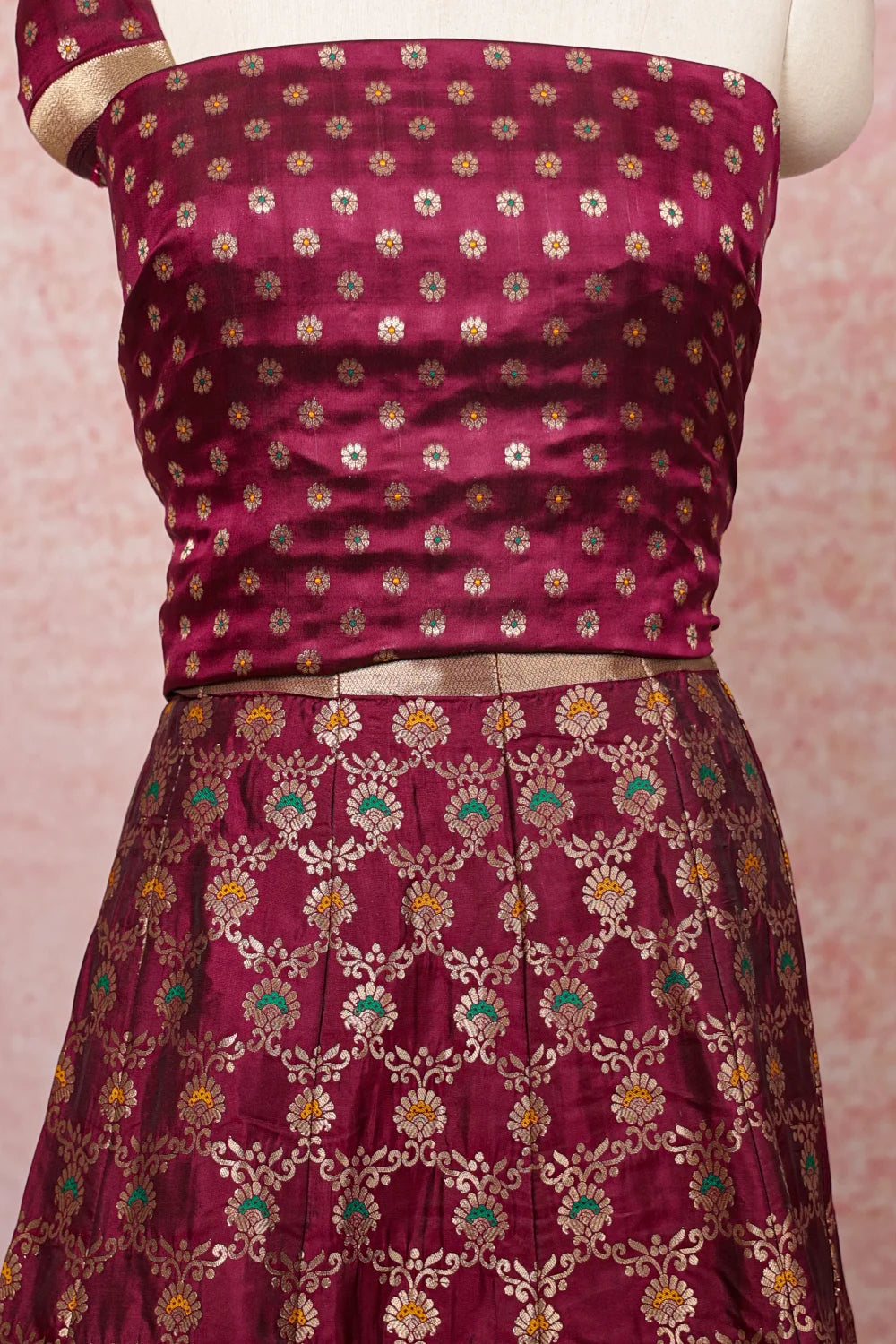 Wine And Green Semi Banarasi Dhavani Set