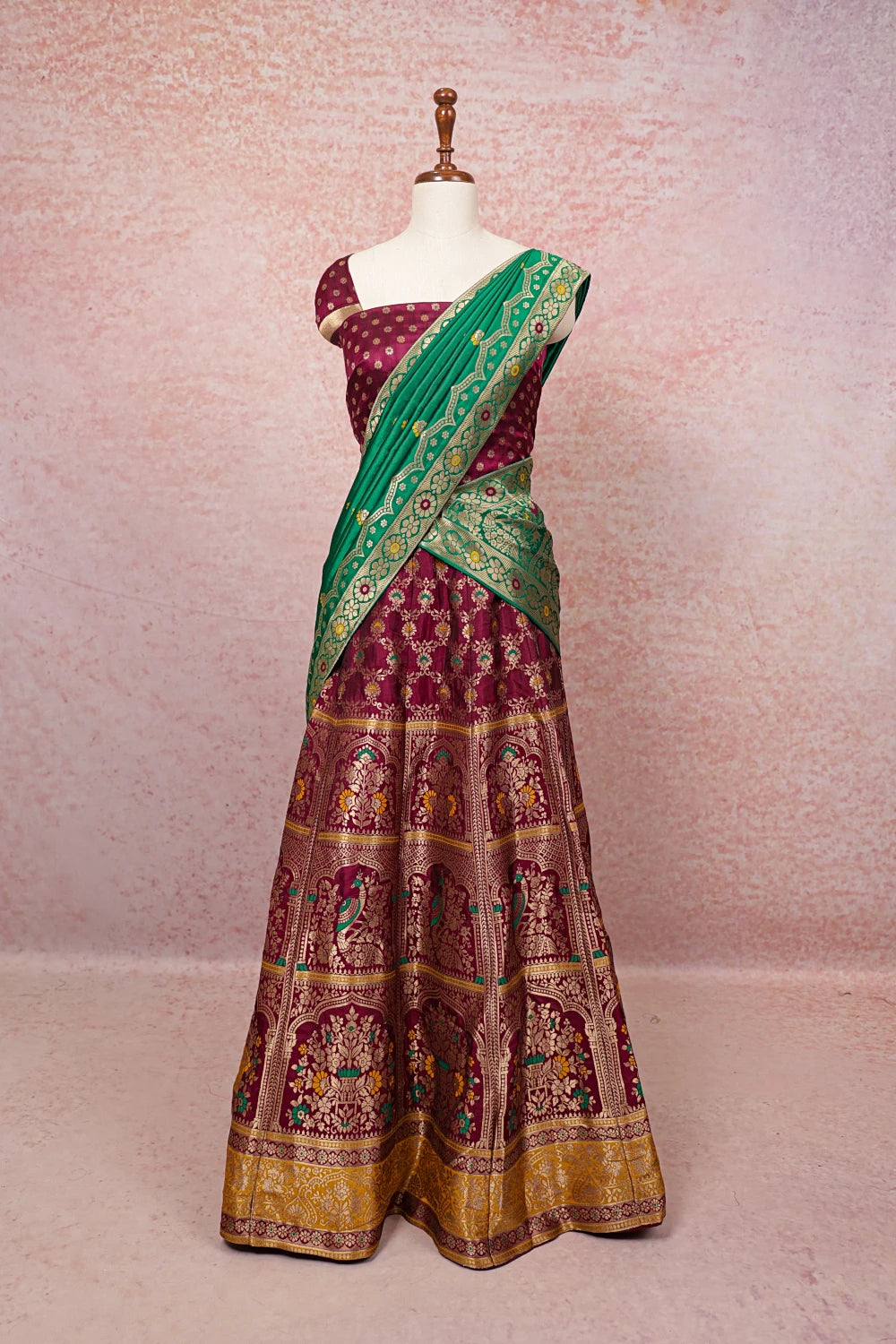 Wine And Green Semi Banarasi Dhavani Set