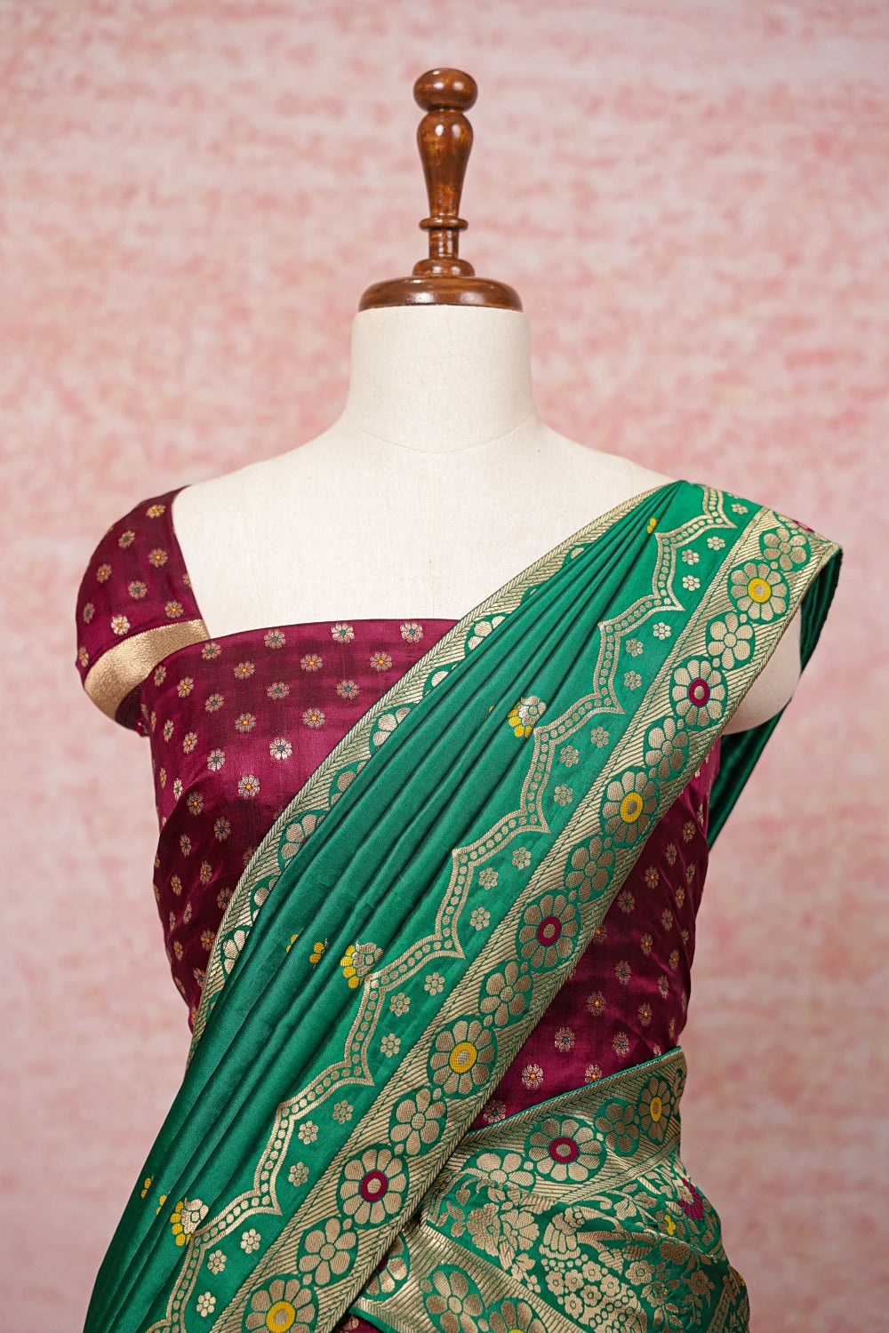 Wine And Green Semi Banarasi Dhavani Set