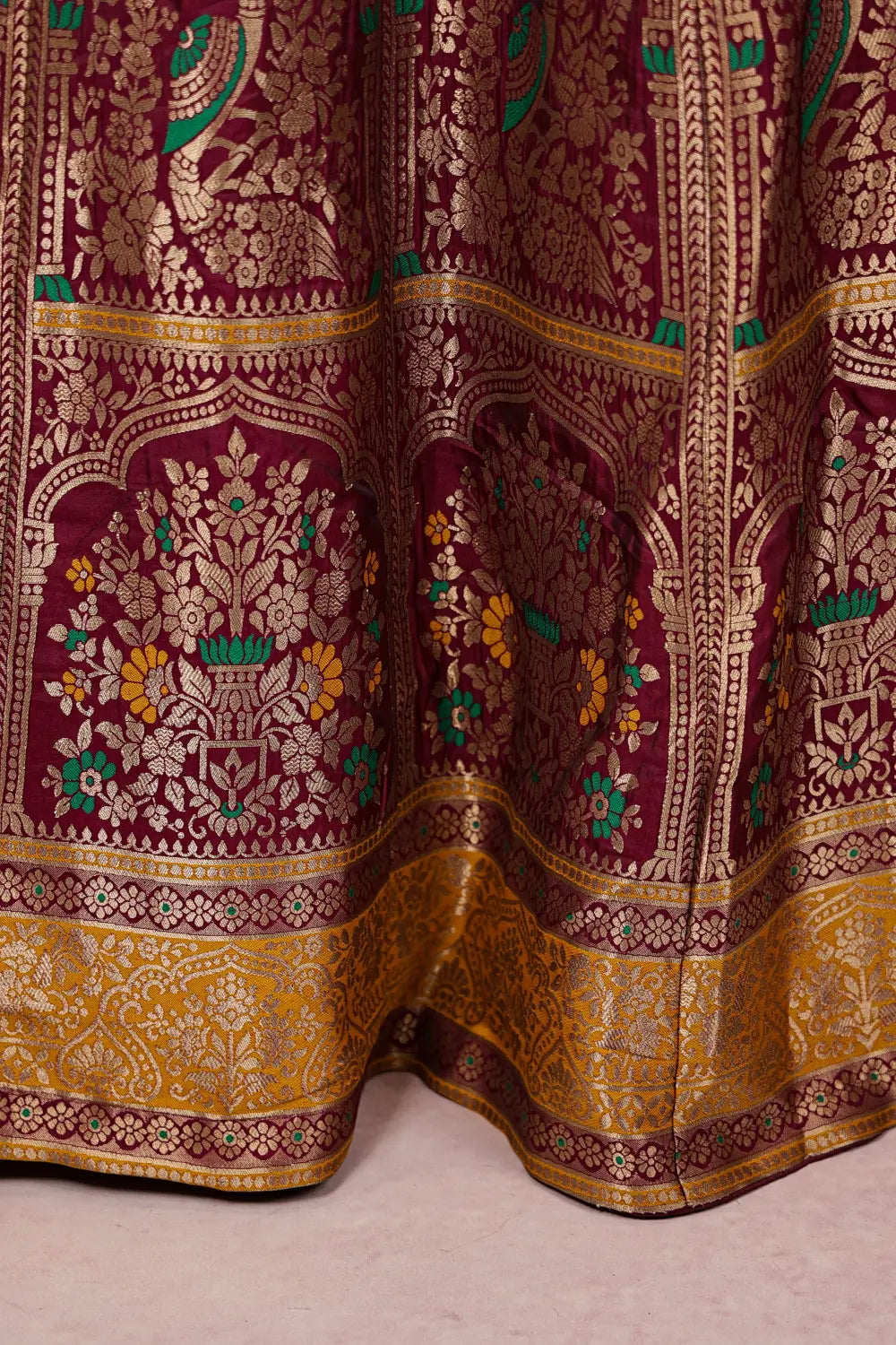Wine And Green Semi Banarasi Dhavani Set