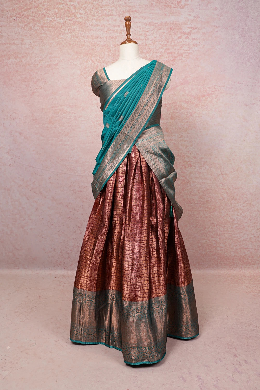 Wine And Sapphire Green Semi Chanderi Dhavani Set