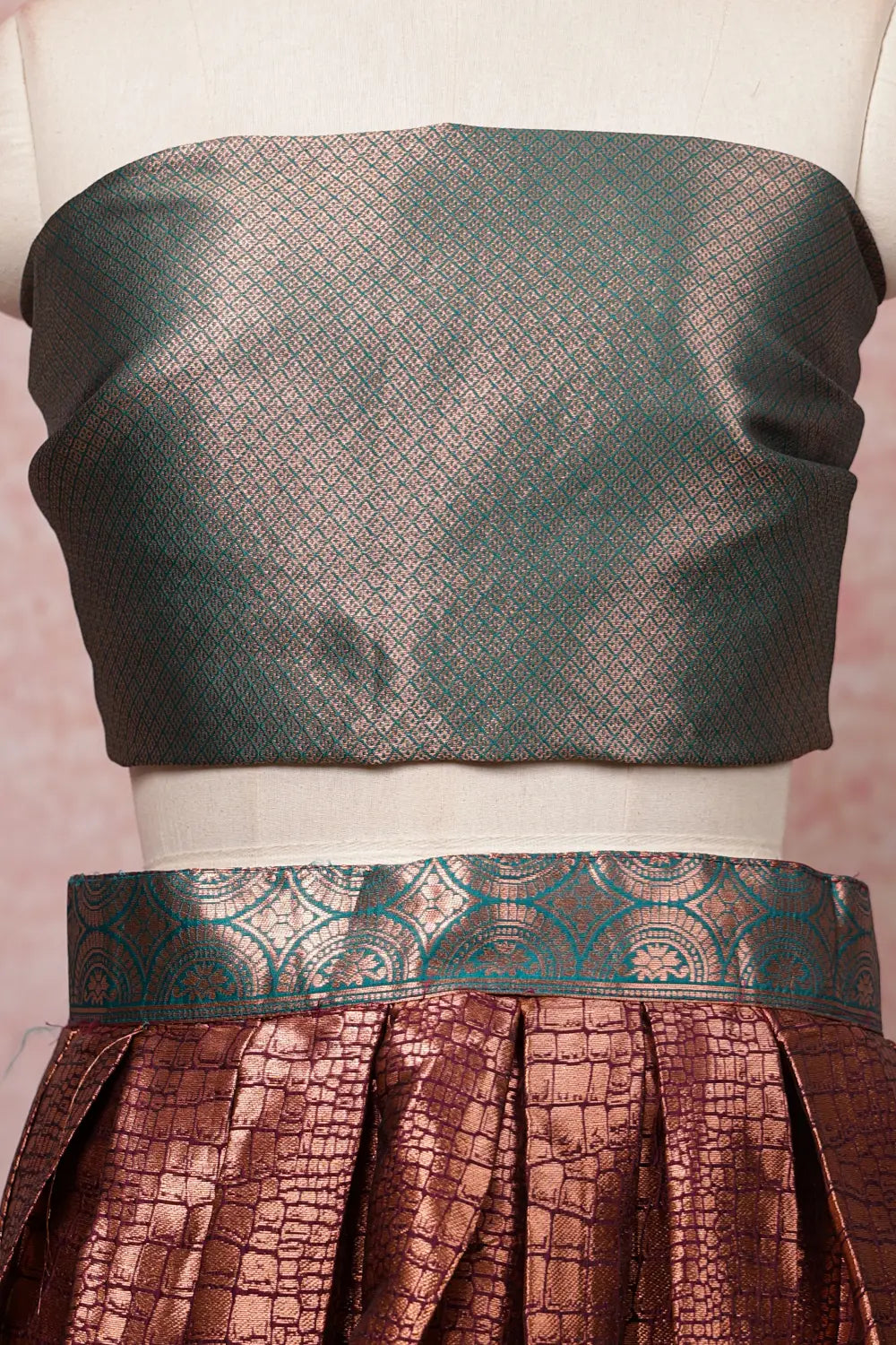 Wine And Sapphire Green Semi Chanderi Dhavani Set