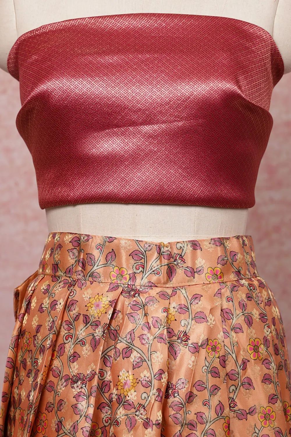 Pink And Organge Semi Chanderi Dhavani Set