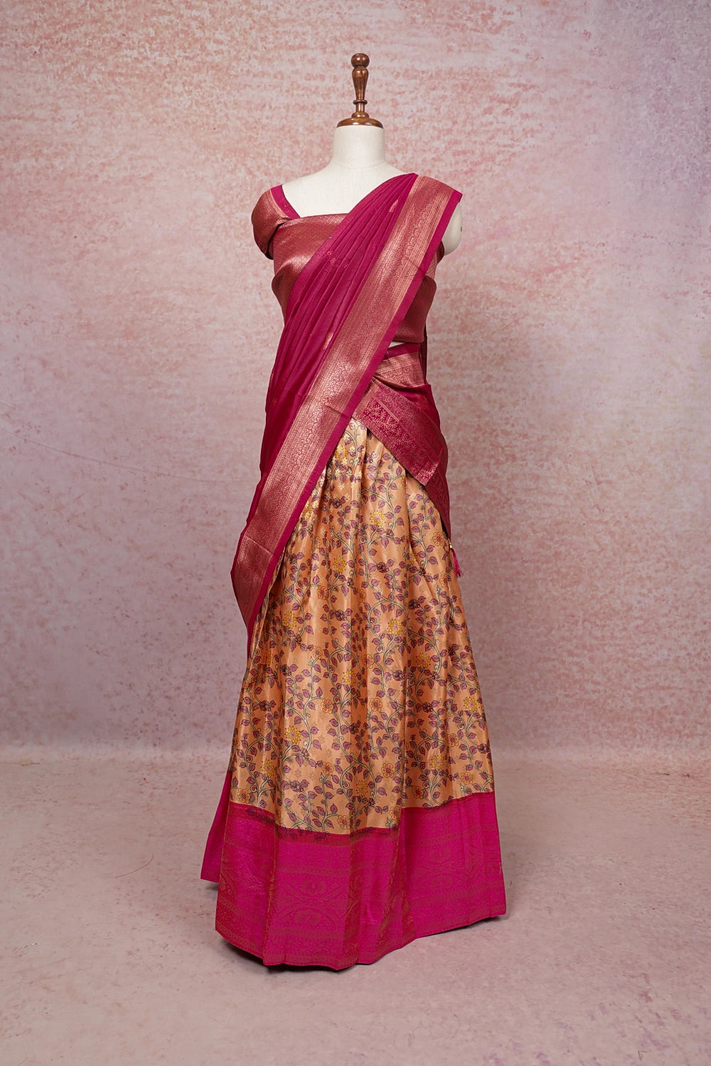 Pink And Organge Semi Chanderi Dhavani Set