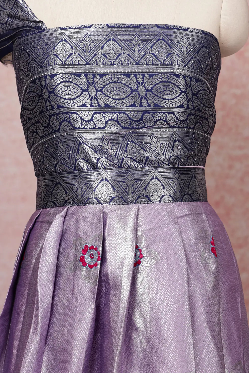 Lavender And Navy Blue Semi Chanderi Dhavani Set