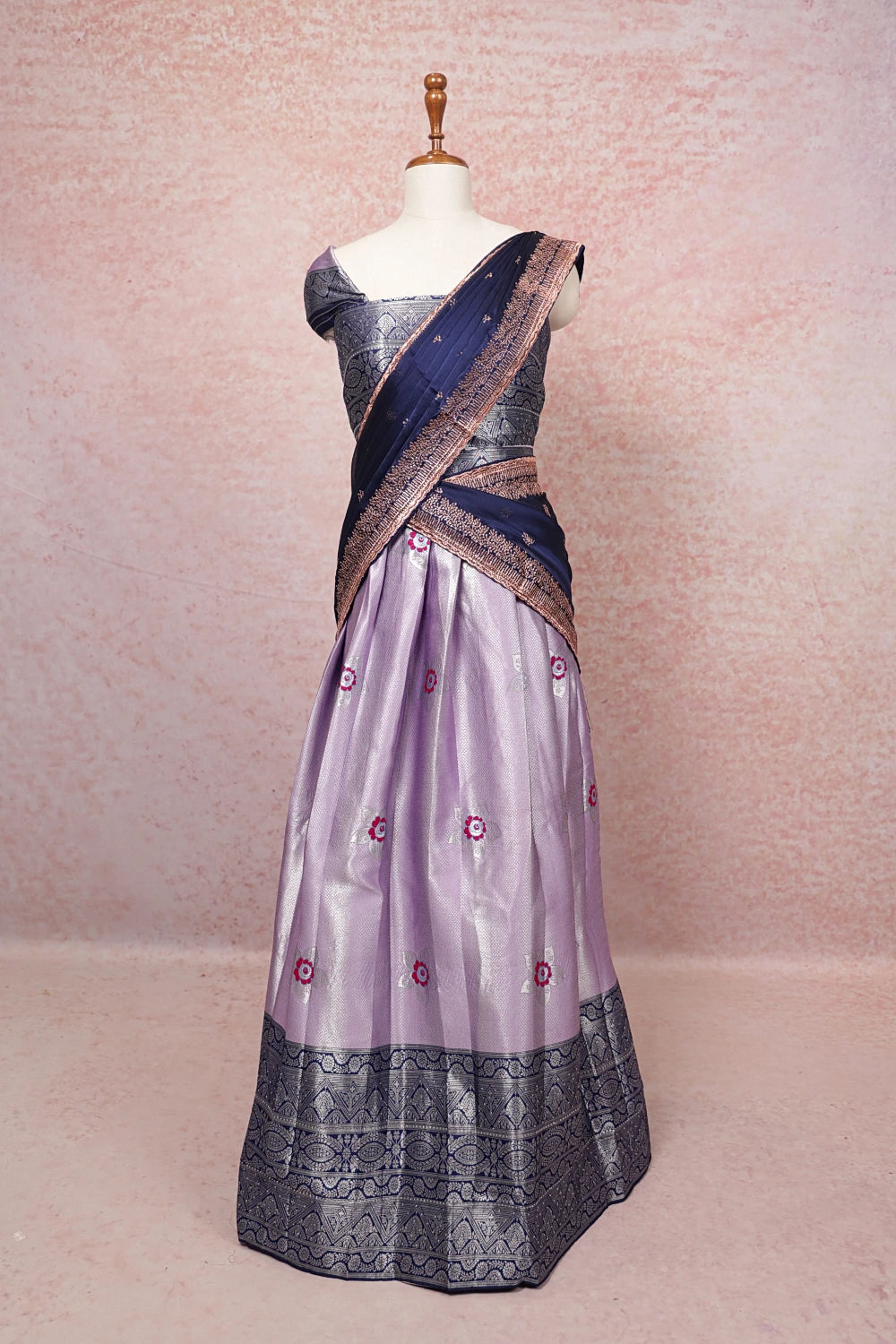 Lavender And Navy Blue Semi Chanderi Dhavani Set