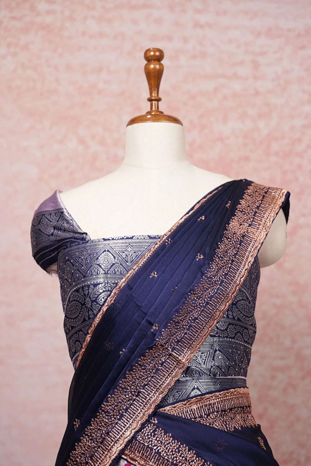 Lavender And Navy Blue Semi Chanderi Dhavani Set