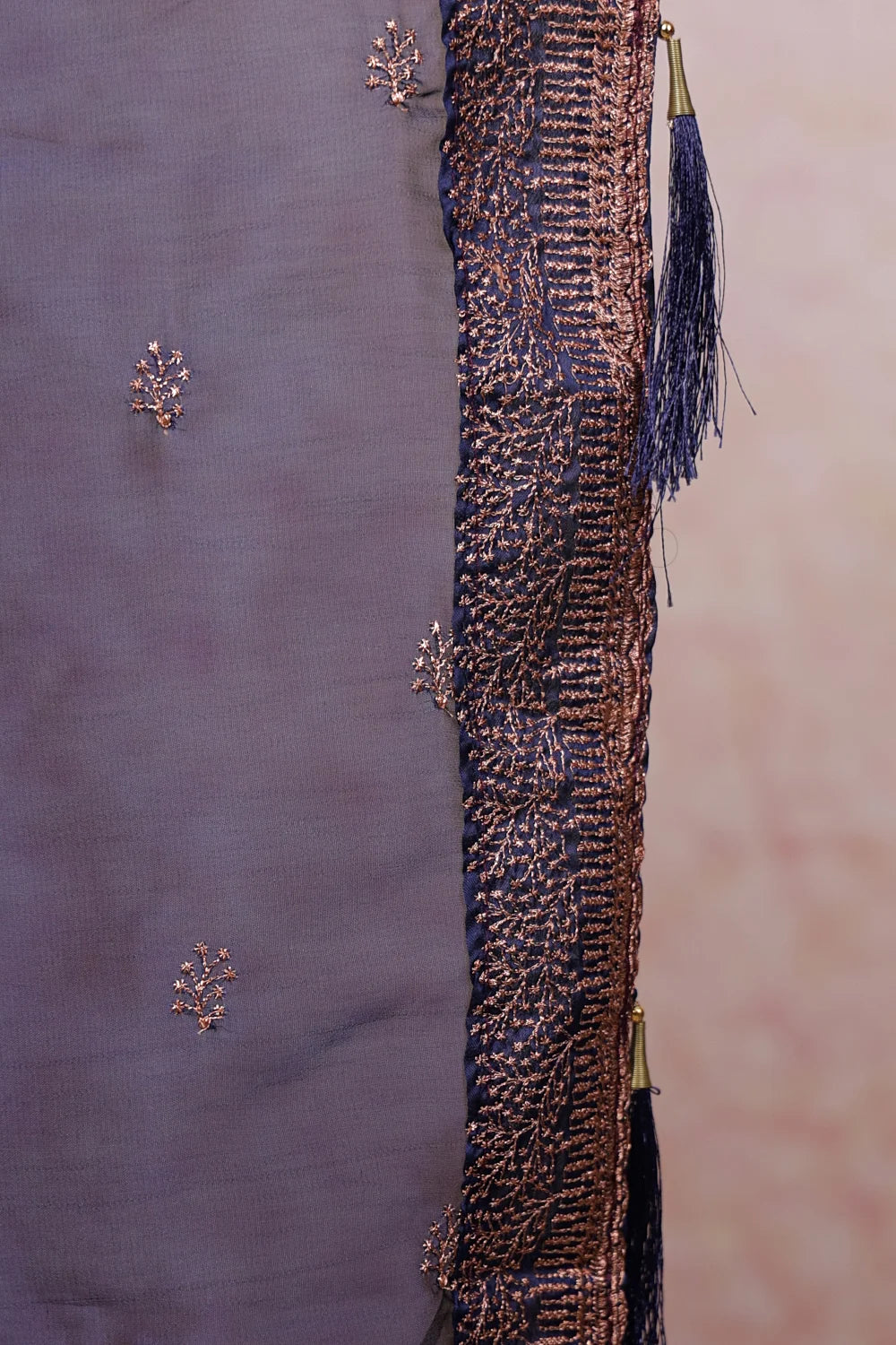 Lavender And Navy Blue Semi Chanderi Dhavani Set