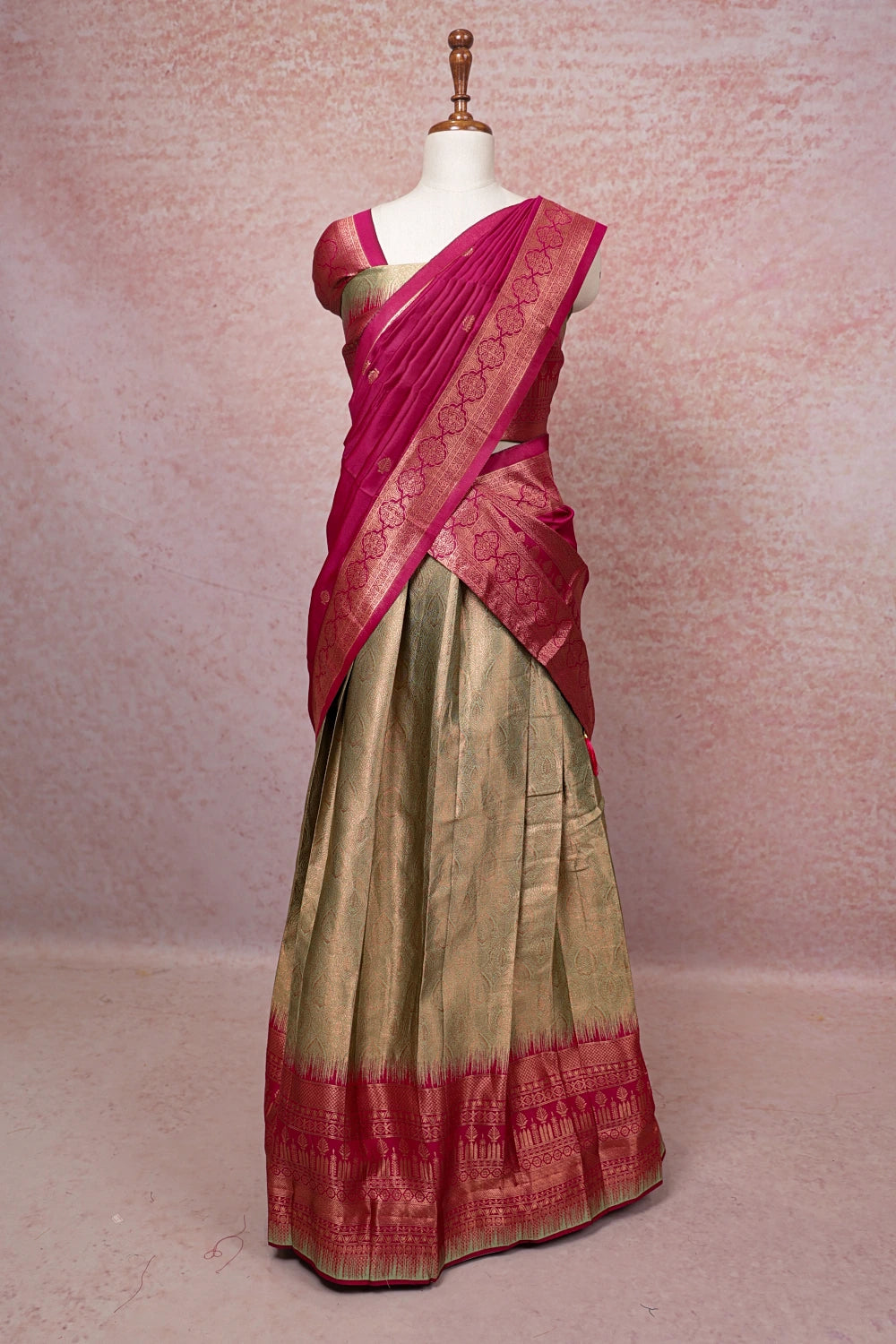 Pista Green And Magenta Semi Chanderi Dhavani Set