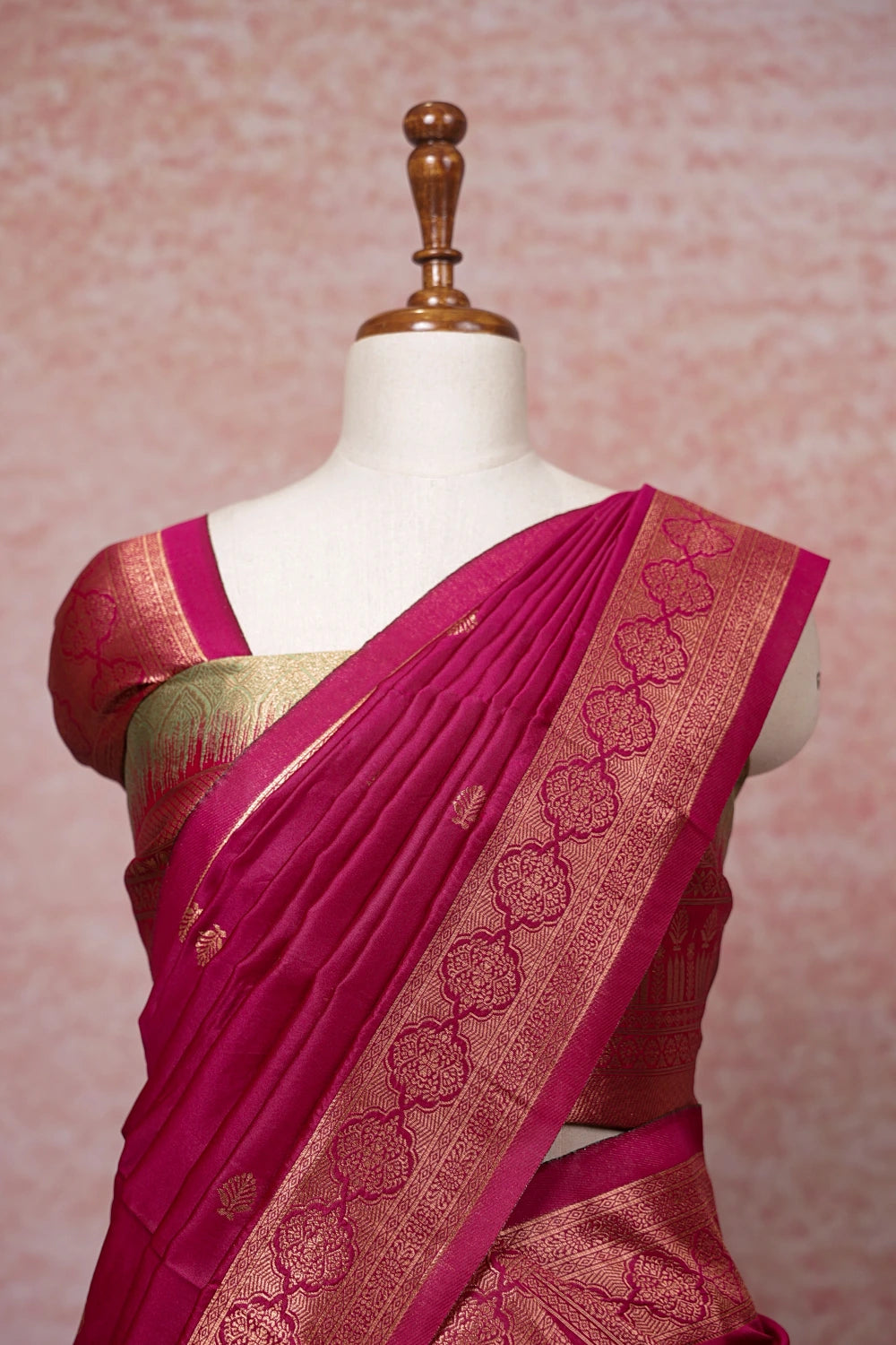 Pista Green And Magenta Semi Chanderi Dhavani Set