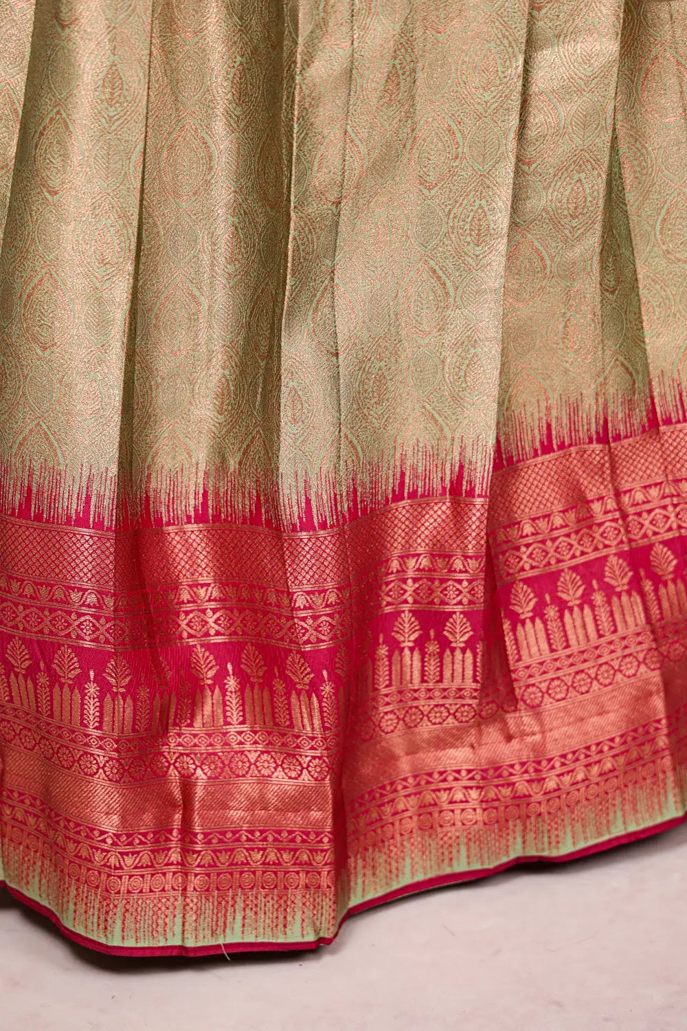 Pista Green And Magenta Semi Chanderi Dhavani Set