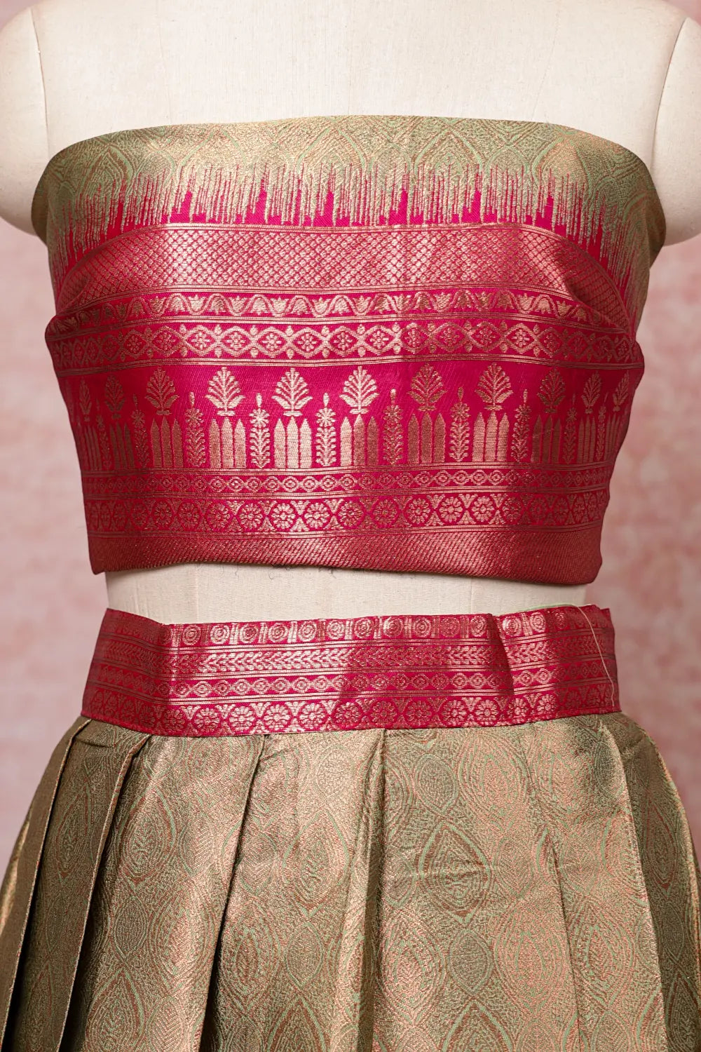 Pista Green And Magenta Semi Chanderi Dhavani Set