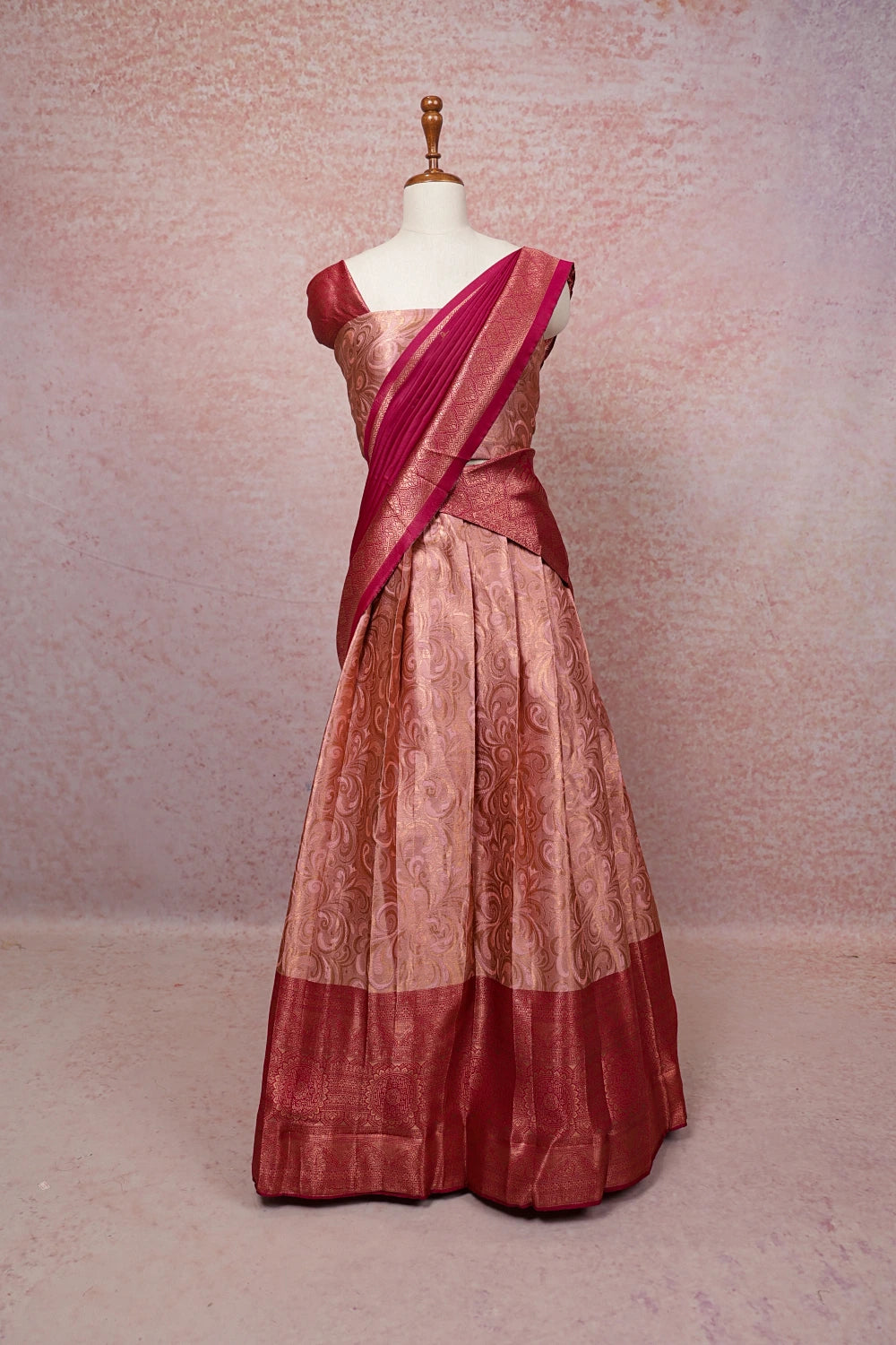 Baby Pink With Magenta Semi Chanderi Dhavani Set