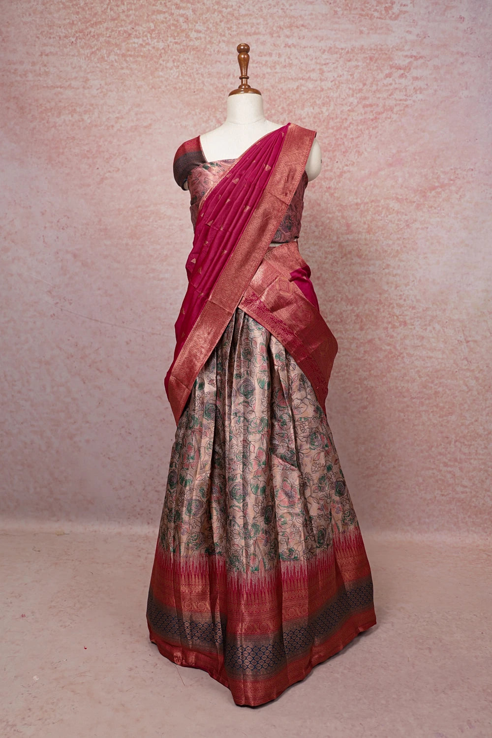 Dusty Rose And Pink Semi Chanderi Dhavani Set