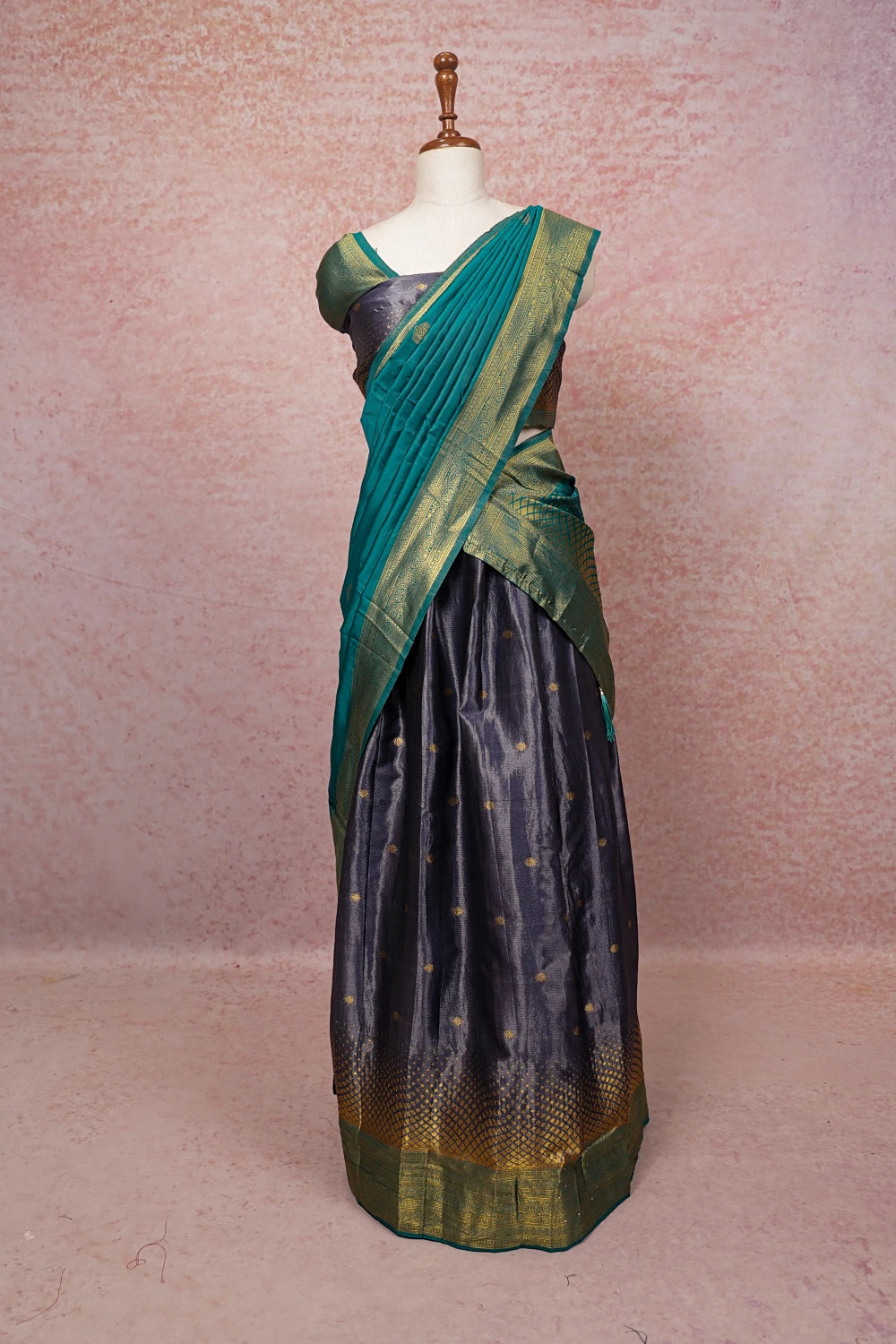 Grey With Sapphire Green Semi TissueDhavani Set